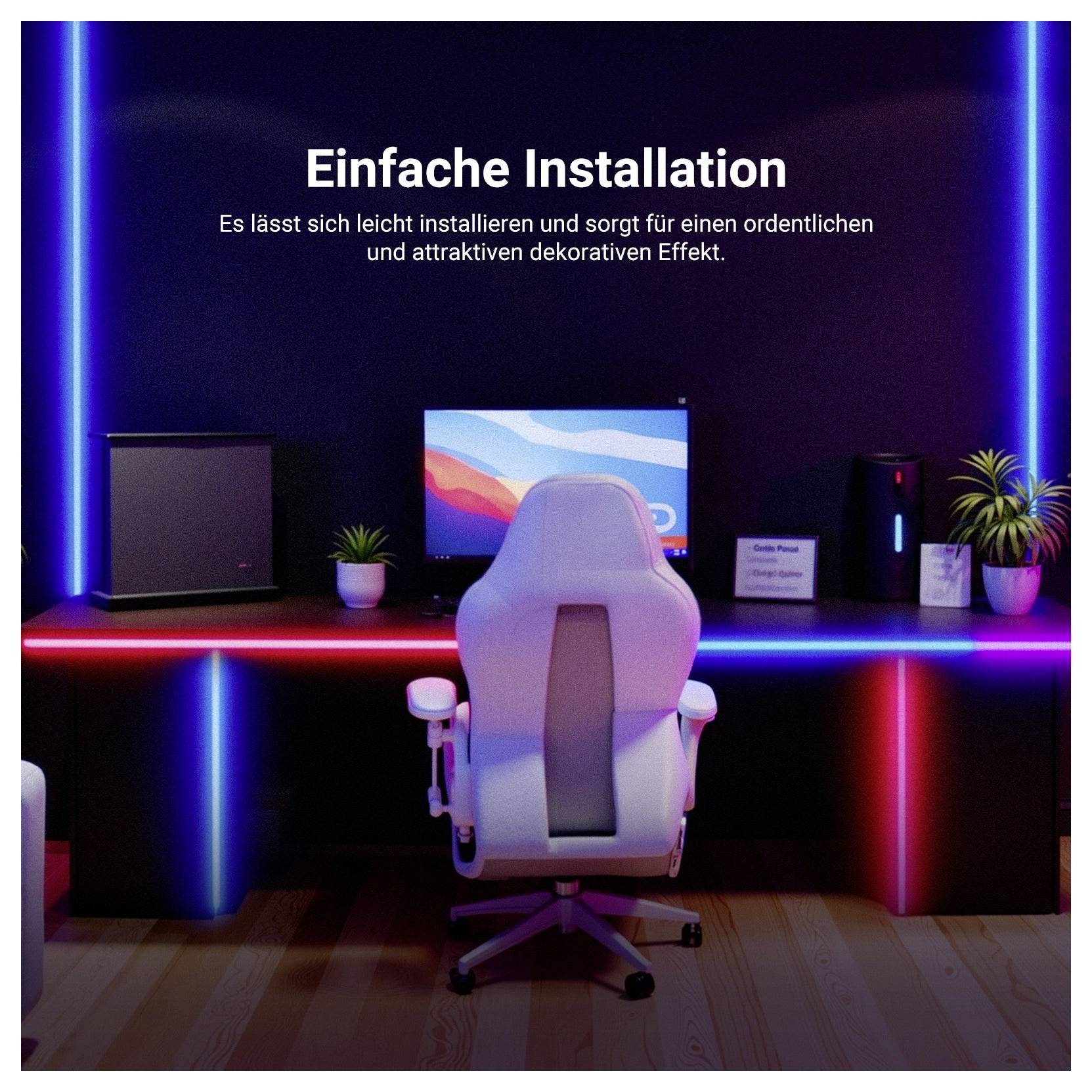 RGB-beleuchteter Gaming-Schreibtisch mit weißem Stuhl und Monitor unter deutschem Text: 'Einfache Installation' und eine Notiz über einfache Installation und dekorative Wirkung.