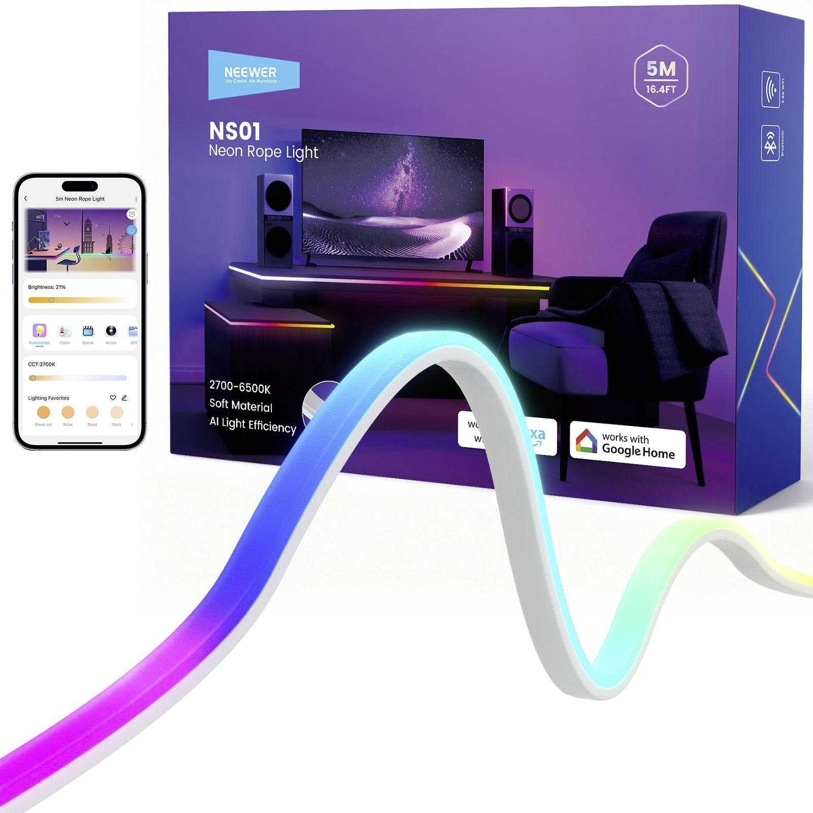 Produktbox für NEEWER NS01 Neon-Seilleuchte mit Smartphone-App, farbigem LED-Streifen und Google Home-Kompatibilitäts-Abzeichen.