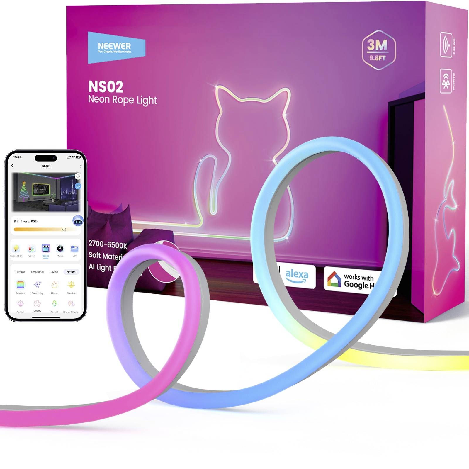 Produktverpackung für NEEWER NS02 Neon-Seil-Licht, gezeigt mit einer Smartphone-App, 3m/9,8ft Länge, farbwechselndes Neon-Seil in Katzenform auf der Schachtel, kompatibel mit Alexa und Google Home.