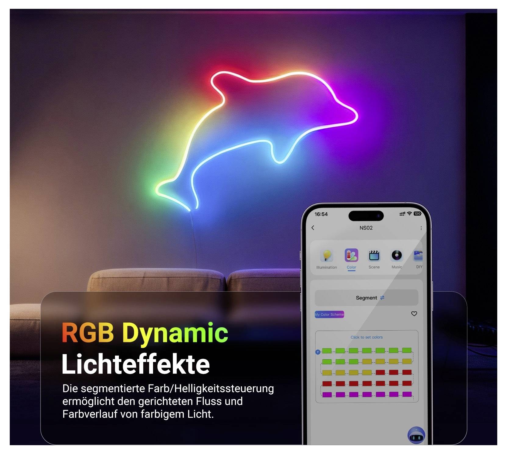 Smartphone-App steuert RGB-Dynamikbeleuchtungseffekte, die auf einer Neon-Delphin-Wandleuchte mit deutschem Text über segmentierte Farb- und Helligkeitsregelung angezeigt werden.