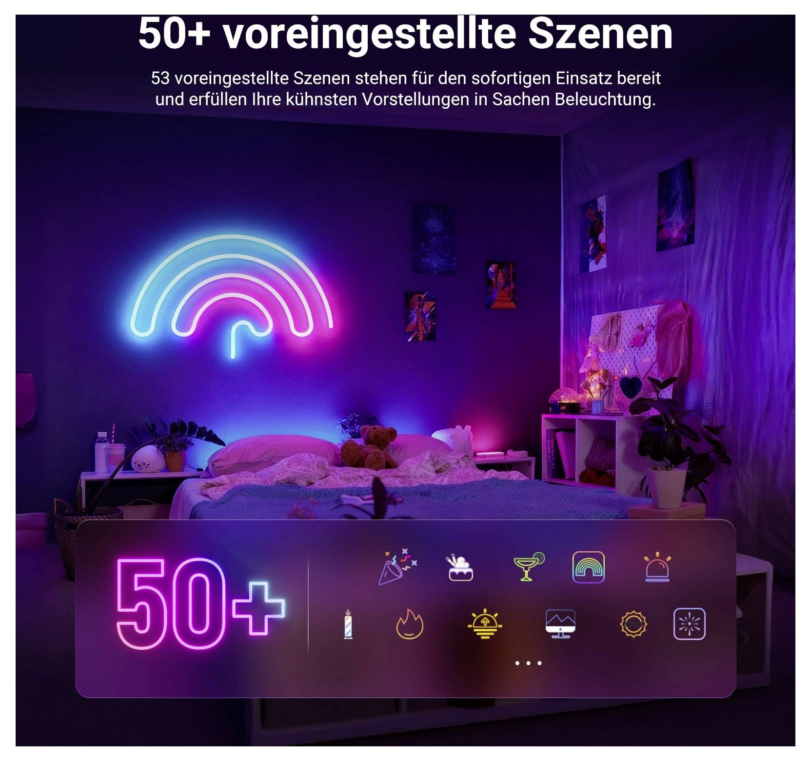 Neon-beleuchtetes Schlafzimmer mit einer Regenbogen-Wandleuchte und Overlaytext „50+ voreingestellte Szenen