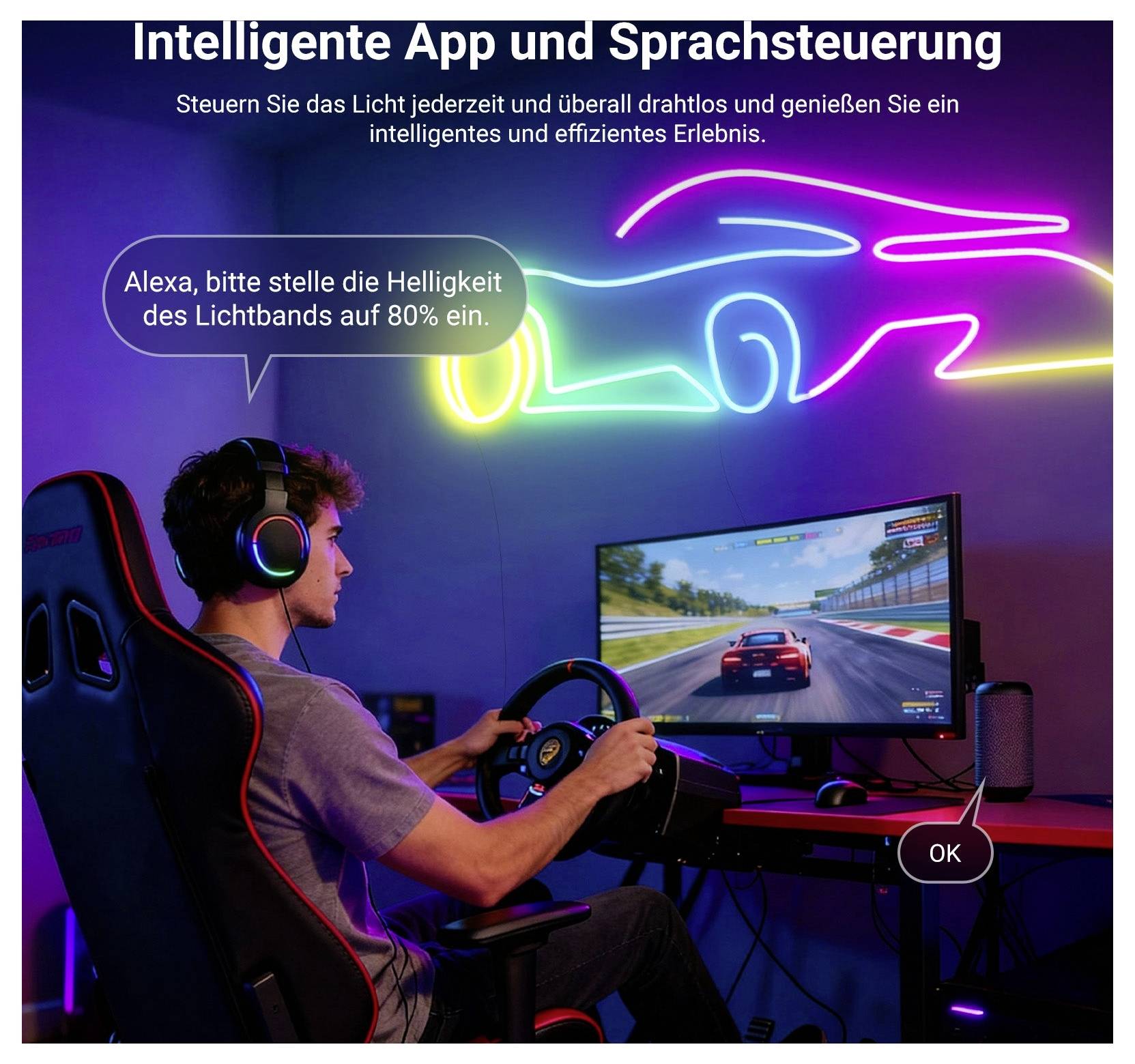 Werbebild einer intelligenten App und sprachgesteuerten Beleuchtung: Ein Gamer sagt „Alexa, bitte stelle die Helligkeit des Lichtbands auf 80% ein.