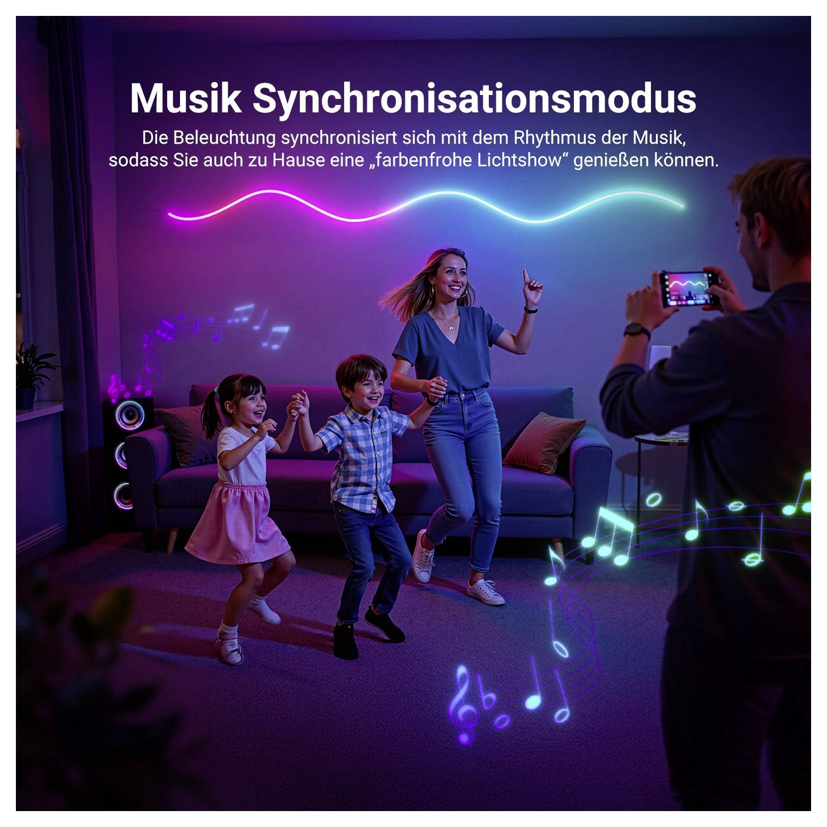 Musiksynchronisationsmodus - Werbebilder showing einer Familie, die in einem Wohnzimmer tanzt, mit neonmusiklichtern, die mit dem Sound synchronisiert sind, und einer Person, die mit einem Telefon filmt.