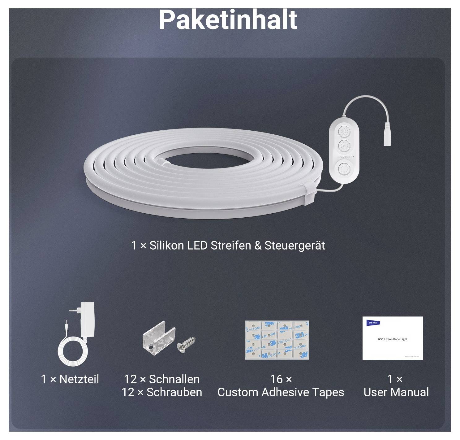 Produktpaketinhalt für ein Silikon-LED-Streifenset: LED-Streifen mit Controller, Stromversorgung, 12 Clips und Schrauben, 16 Klebebänder und 1 Benutzerhandbuch.