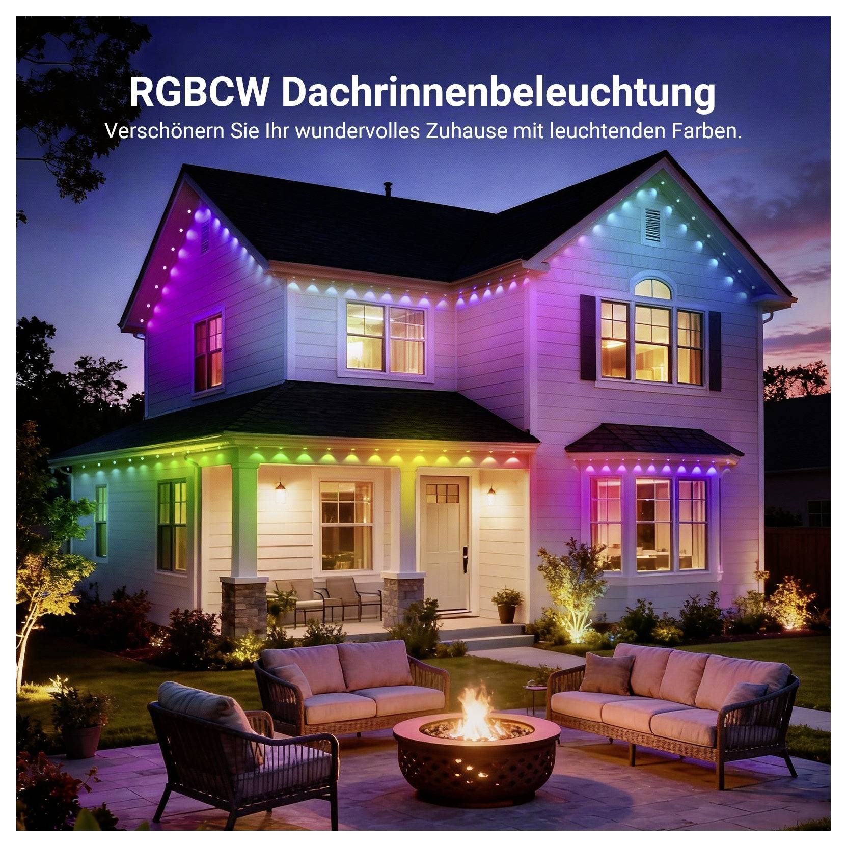 Haus mit mehrfarbigen RGBCW-Dachrinnenleuchten in der Abenddämmerung, mit deutschem Text zur Bewerbung dekorativer Beleuchtung von Hausrinnen.