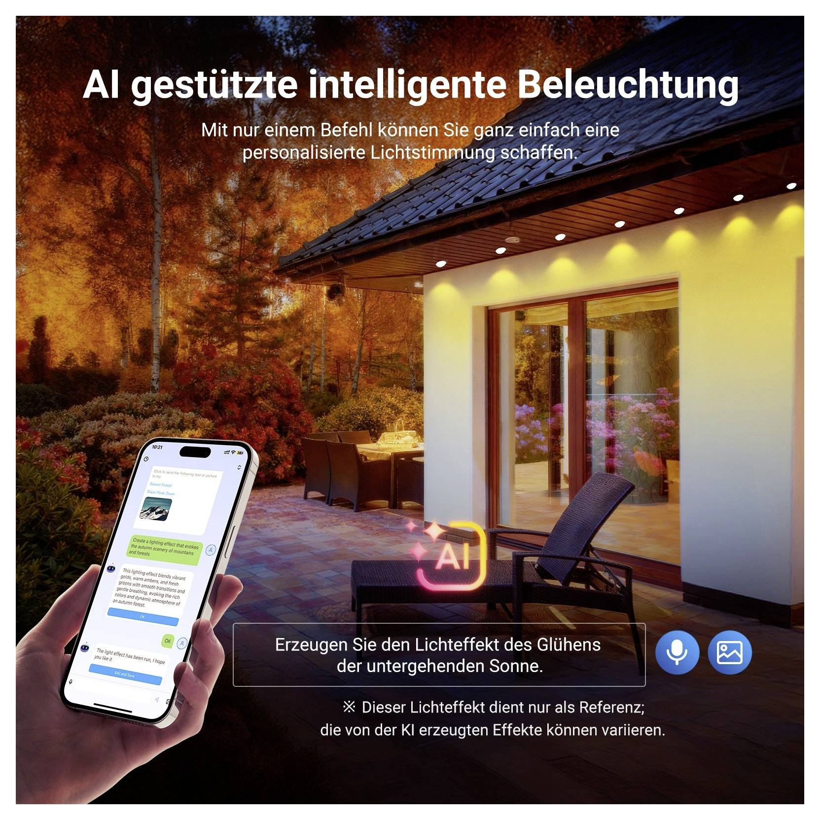 Eine Hand hält ein Smartphone und steuert KI-gestützte Außenbeleuchtung neben einer Hausveranda bei Sonnenuntergang, mit deutschem Promo-Text über das Erstellen personalisierter Lichtstimmungen.