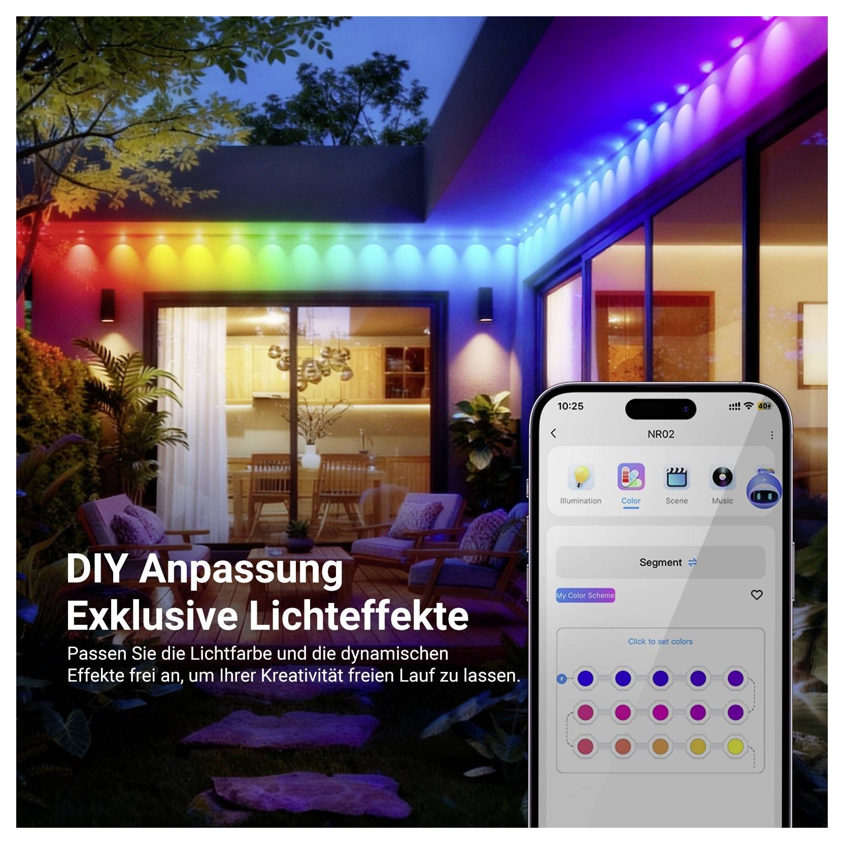 Außenpatio in der Nacht, beleuchtet mit regenbogenfarbigen LED-Leuchten; eine Telefon-App zeigt Farbkontrollen für DIY-Beleuchtungseffekte.
