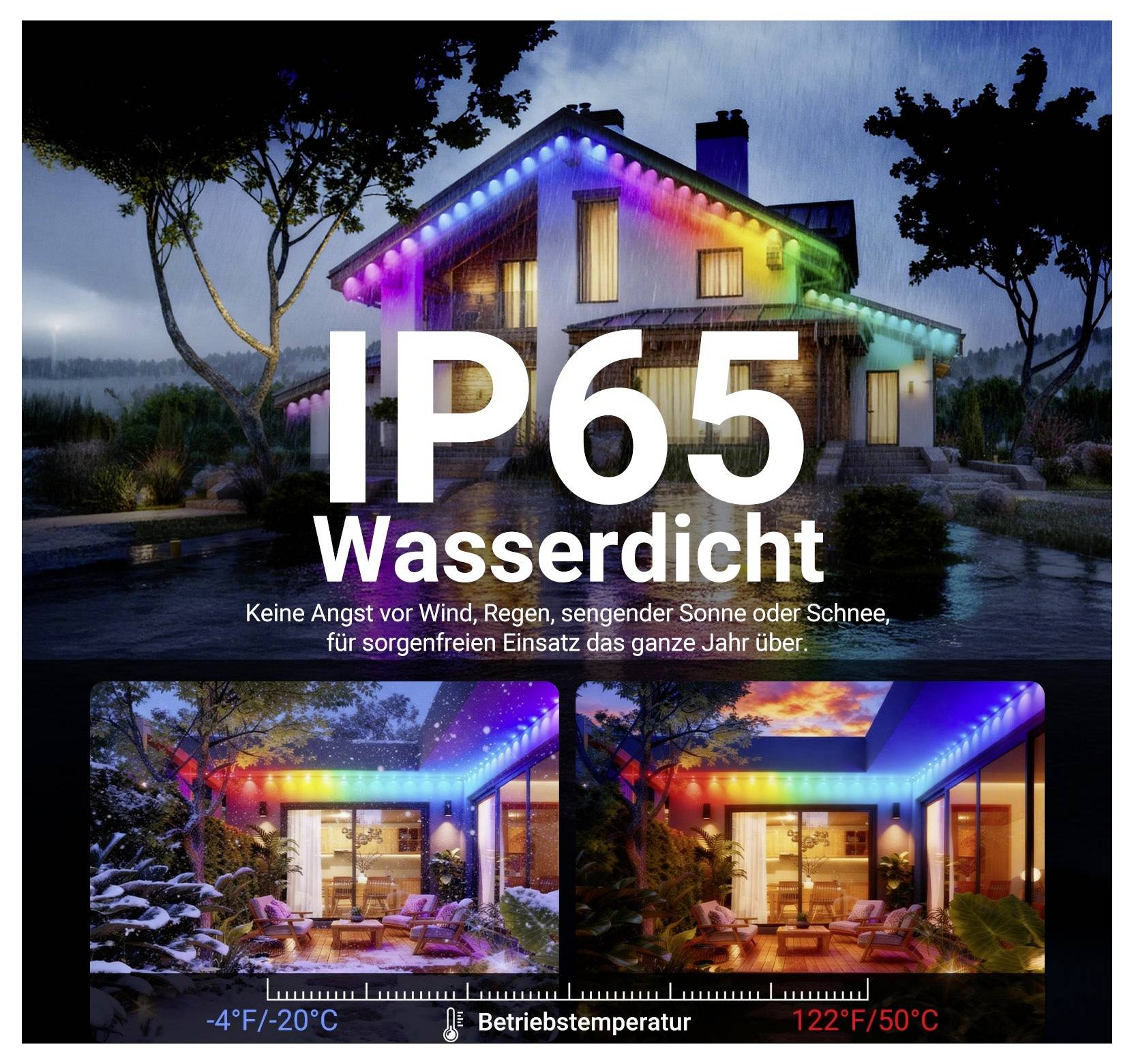 Anzeige für ein Haus mit Regenbogendach-Beleuchtung, gekennzeichnet als „IP65 wasserdicht