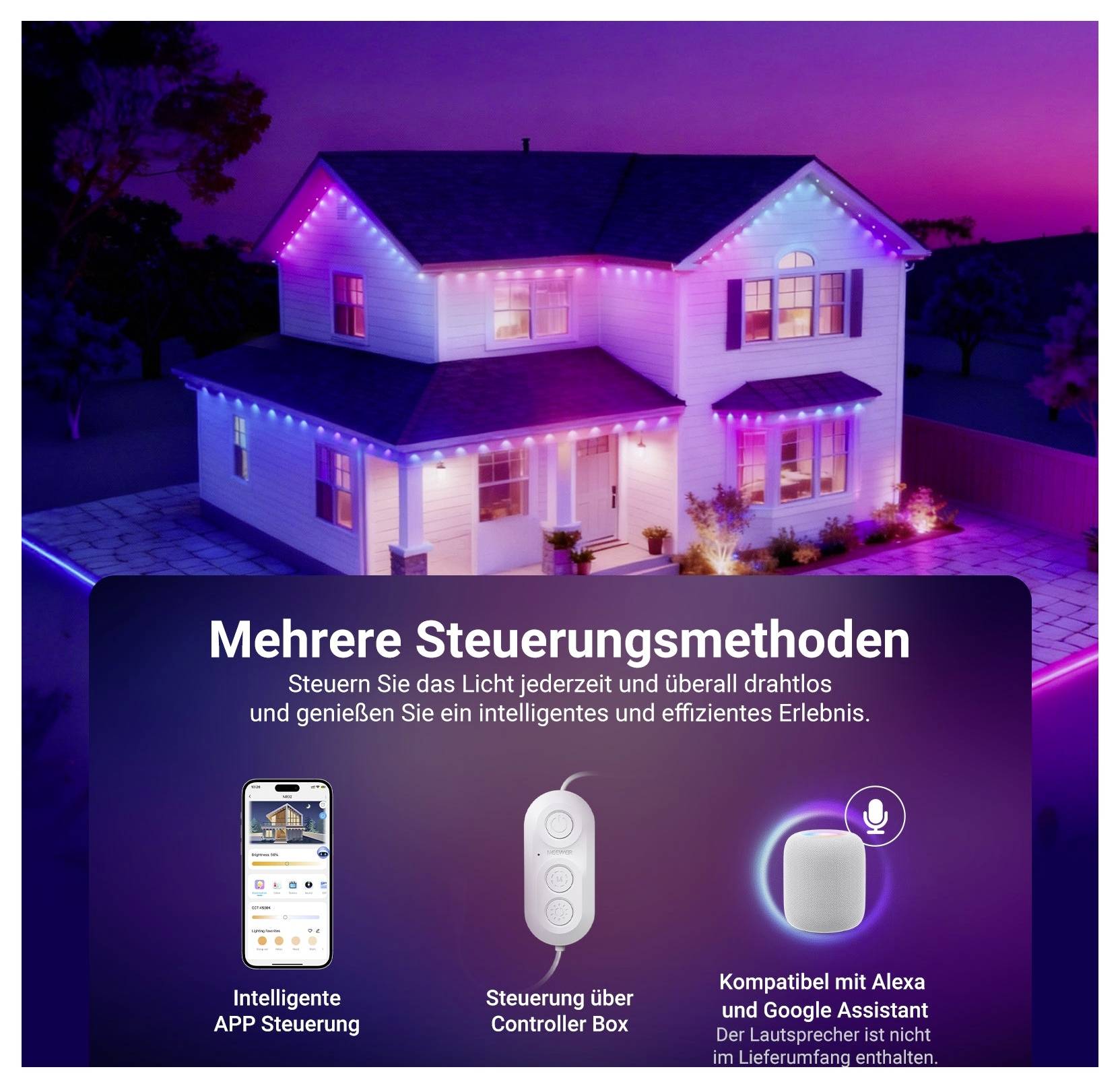 Intelligentes Zuhause mit farbigen LED-Lichtern beleuchtet; Überlagerung auf Deutsch mit der Aufschrift „Mehrere Steuerungsmethoden