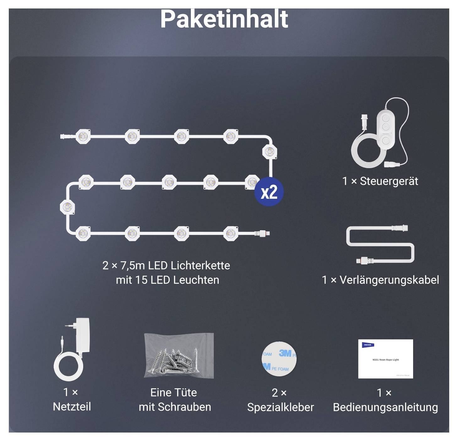Paketinhalt-Diagramm für LED-Lichterkette: 2 x 7,5 m lange Lichterketten mit je 15 LED-Leuchten, 1 Steuergerät, 1 Verlängerungskabel, Stromversorgung, Schrauben, 2 spezielle Klebepads und Anleitung.
