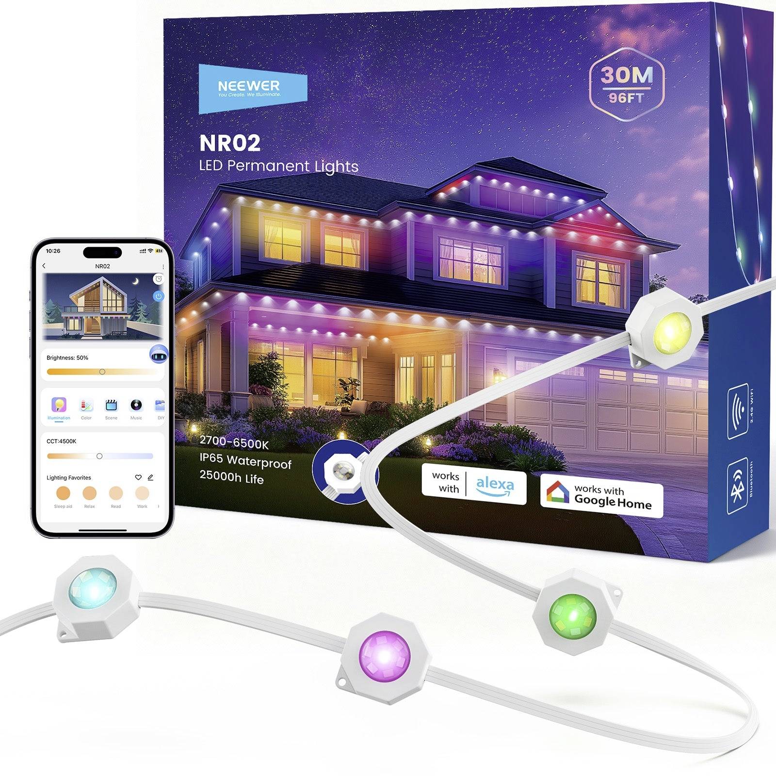 Product box for NEEWER NR02 LED permanent lights, showing app control, 30m/96ft range, waterproof rating, and Alexa/Google Home compatibility.