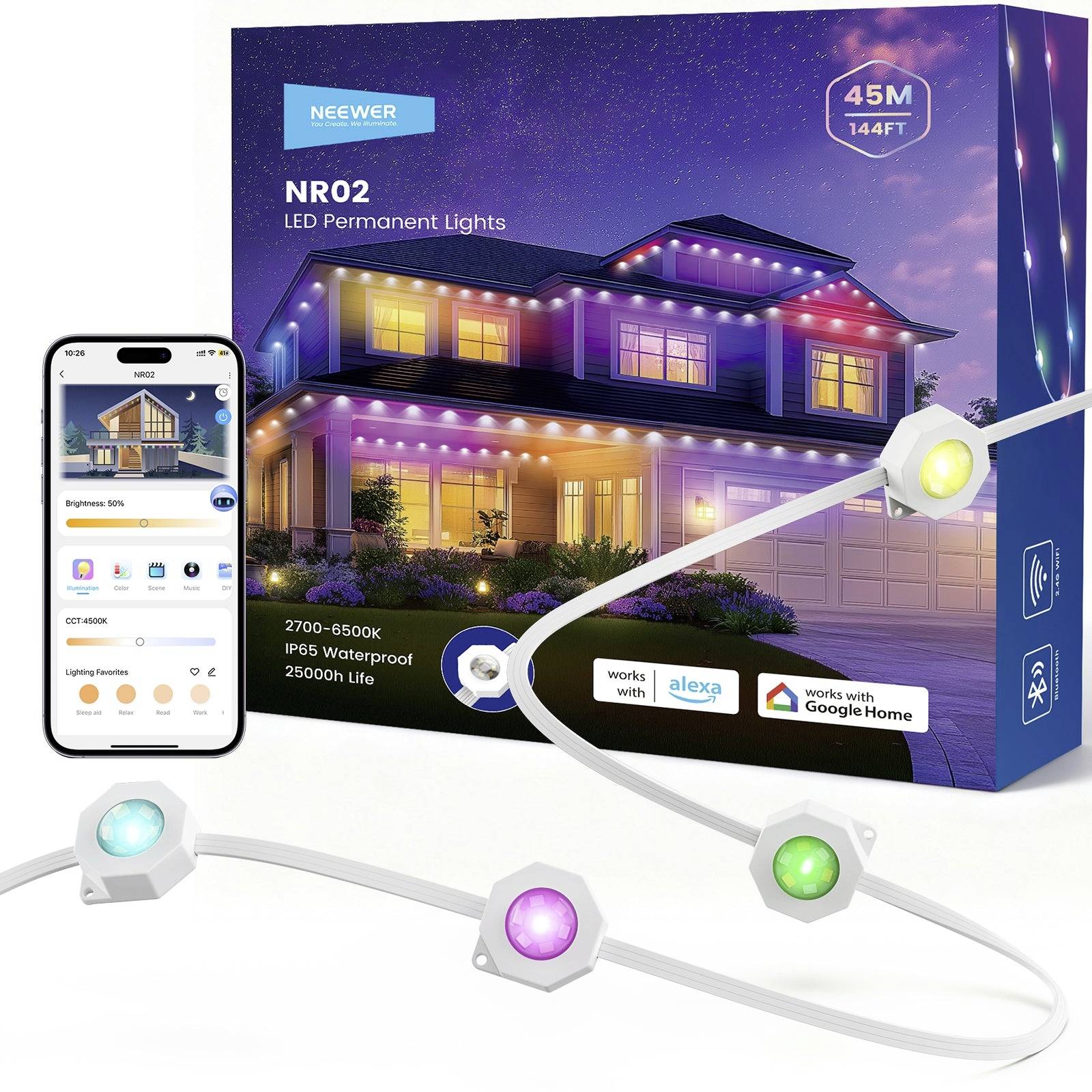 Neewer NR02 LED-Dauerleuchten Produktbox mit app-gesteuerten Hausbeleuchtungsanzeigen, Telefonapp-Vorschau und verbundenen RGB-Lichtpods