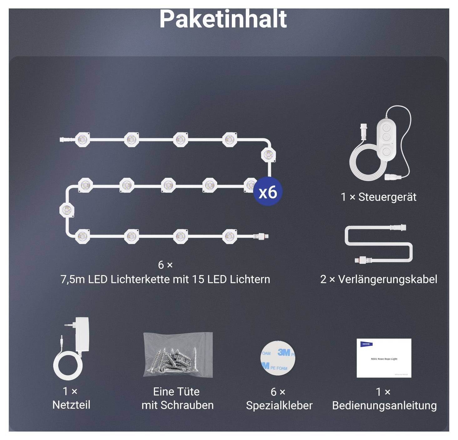 Paketinhalt mit 6x 7,5 m LED-Lichterketten mit je 15 LEDs, 1 Controller, 2 Verlängerungskabeln, Stromversorgung, Schrauben, Klebepads und Anleitung.
