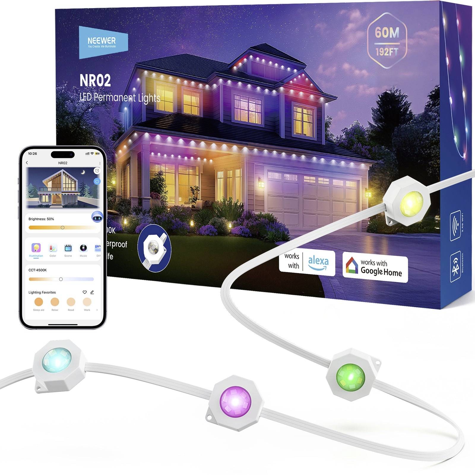 NEEWER NR02 LED-Dauerlichtset mit App-Steuerung, gezeigt auf einem Haus und Smartphone, enthält mehrfarbige Lichter und funktioniert mit Alexa und Google Home.