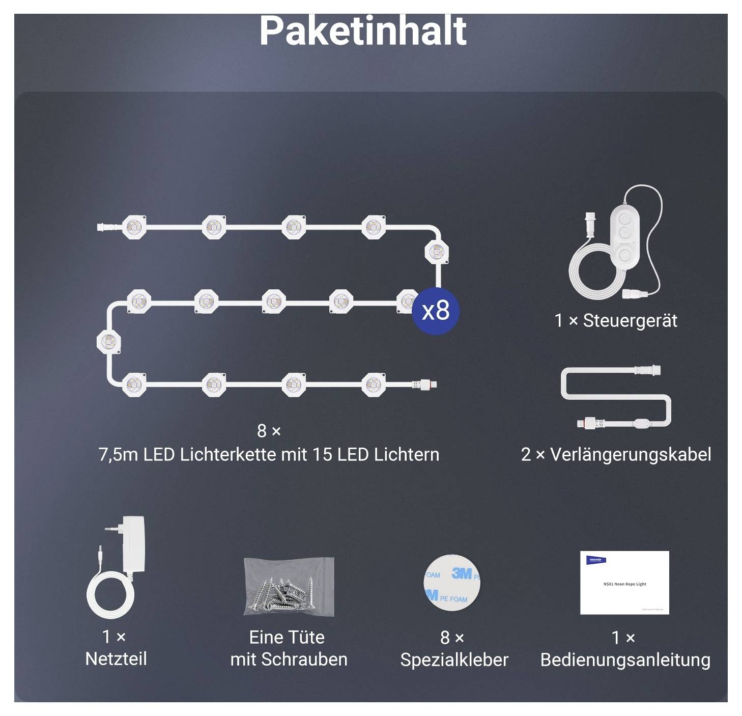 Pakethalt für ein LED-Lichtset: 8 Lichterketten, 1 Steuergerät, 2 Verlängerungskabel, 1 Stromversorgung, Schrauben, Spezialkleber und Bedienungsanleitung.