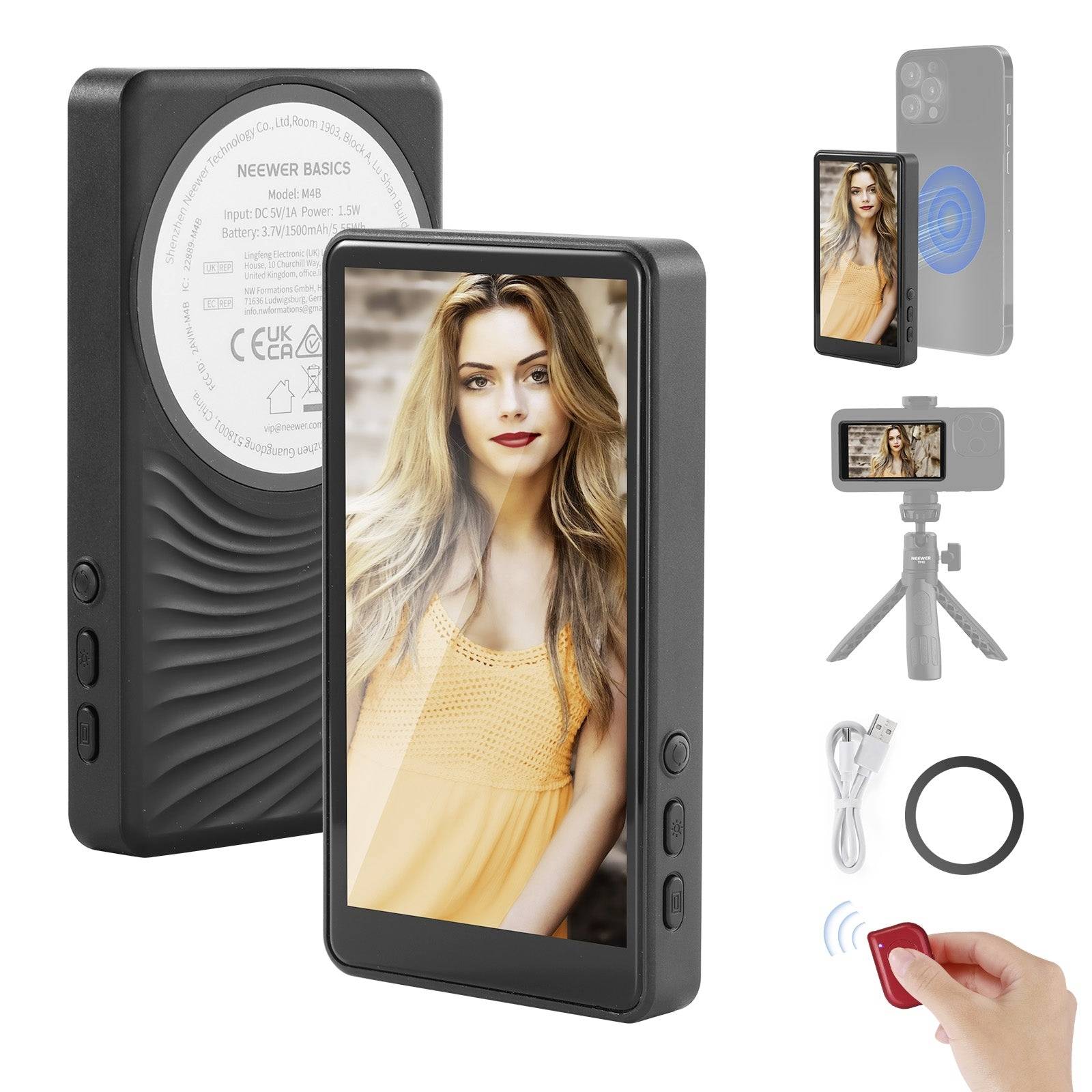 Tragbarer magnetischer Telefonmonitor mit eingebauter Batterie, von vorne und hinten gezeigt, plus Smartphone auf Stativ, USB-Kabel, Ring-Zubehör und Fernauslöse-Taste.