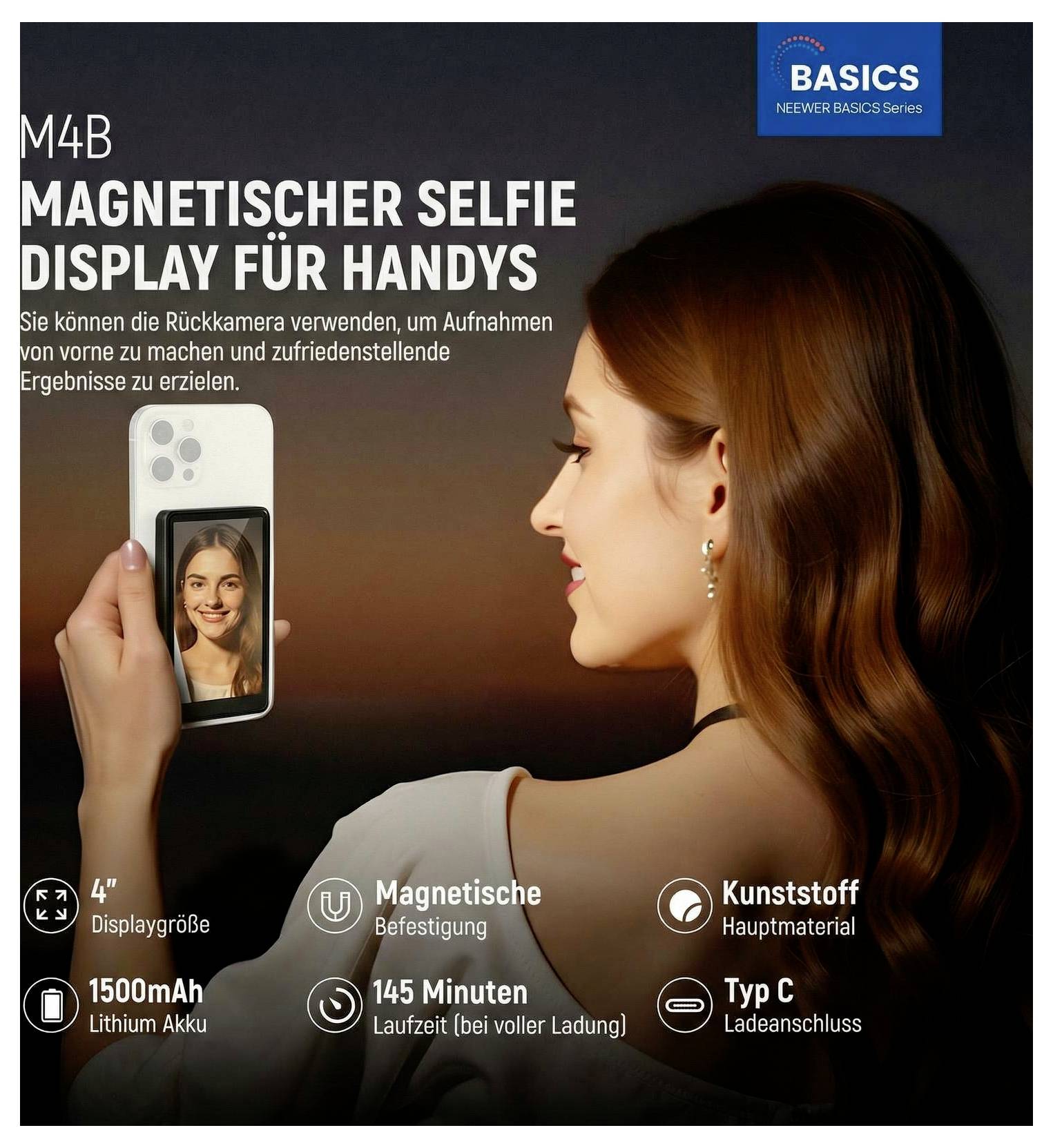 Werbebild eines magnetischen Selfie-Displays für Telefone, das neben einer Frau auf einem Telefon montiert ist, die ein Selfie macht; der Text hebt ein 4-Zoll-Display, 1500-mAh-Akku, 145-Minuten-Laufzeit, Kunststoffmaterial und USB-C-Ladung hervor.