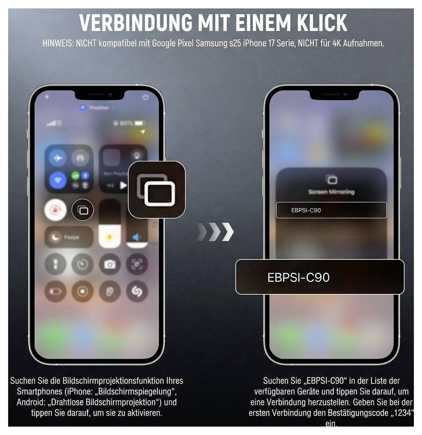 Anzeige mit iPhone-Spiegelung über Funk zu einem TV-Adapter mit der Bezeichnung „EBPSI-C90