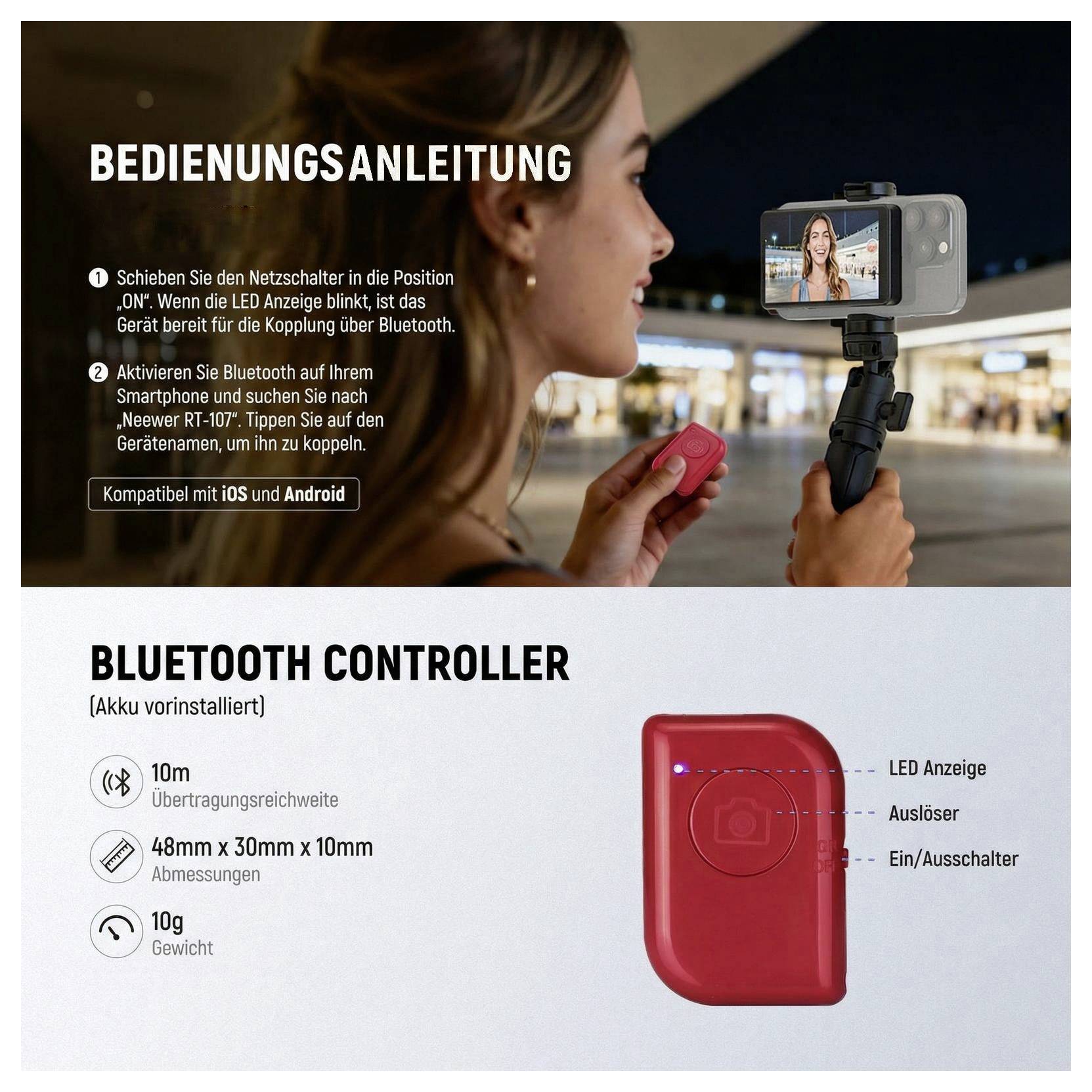 Bluetooth-Kamera-Fernbedienung Bedienungsanleitung mit einer Frau, die ein Smartphone auf einem Stativ benutzt; verfügt über eine rote Bluetooth-Fernbedienung, Reichweite von 10 m, 48 x 30 x 10 mm, 10 g, kompatibel mit iOS und Android.
