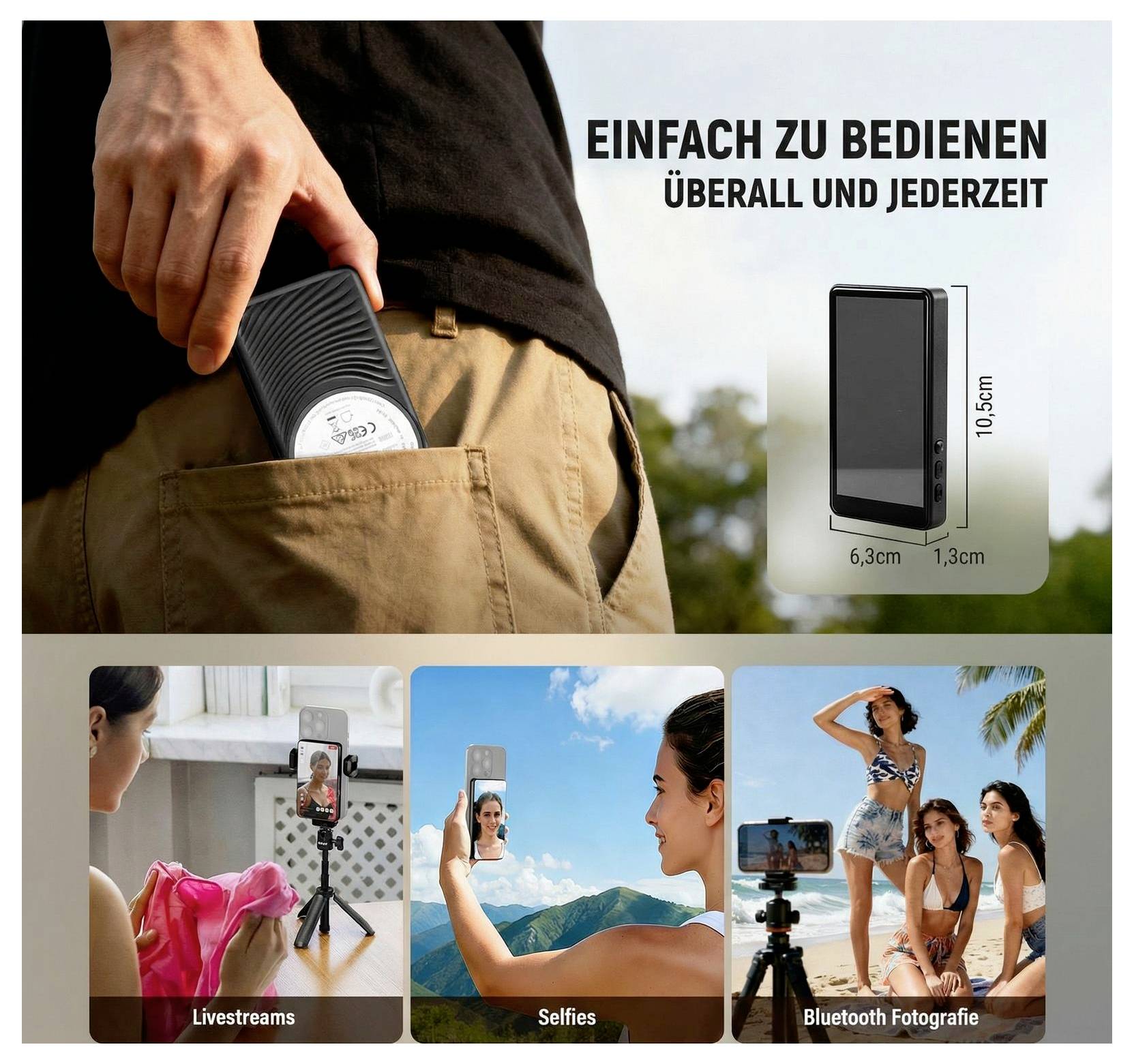 Werbegrafik für ein tragbares Gerät, das in eine Tasche passt und 