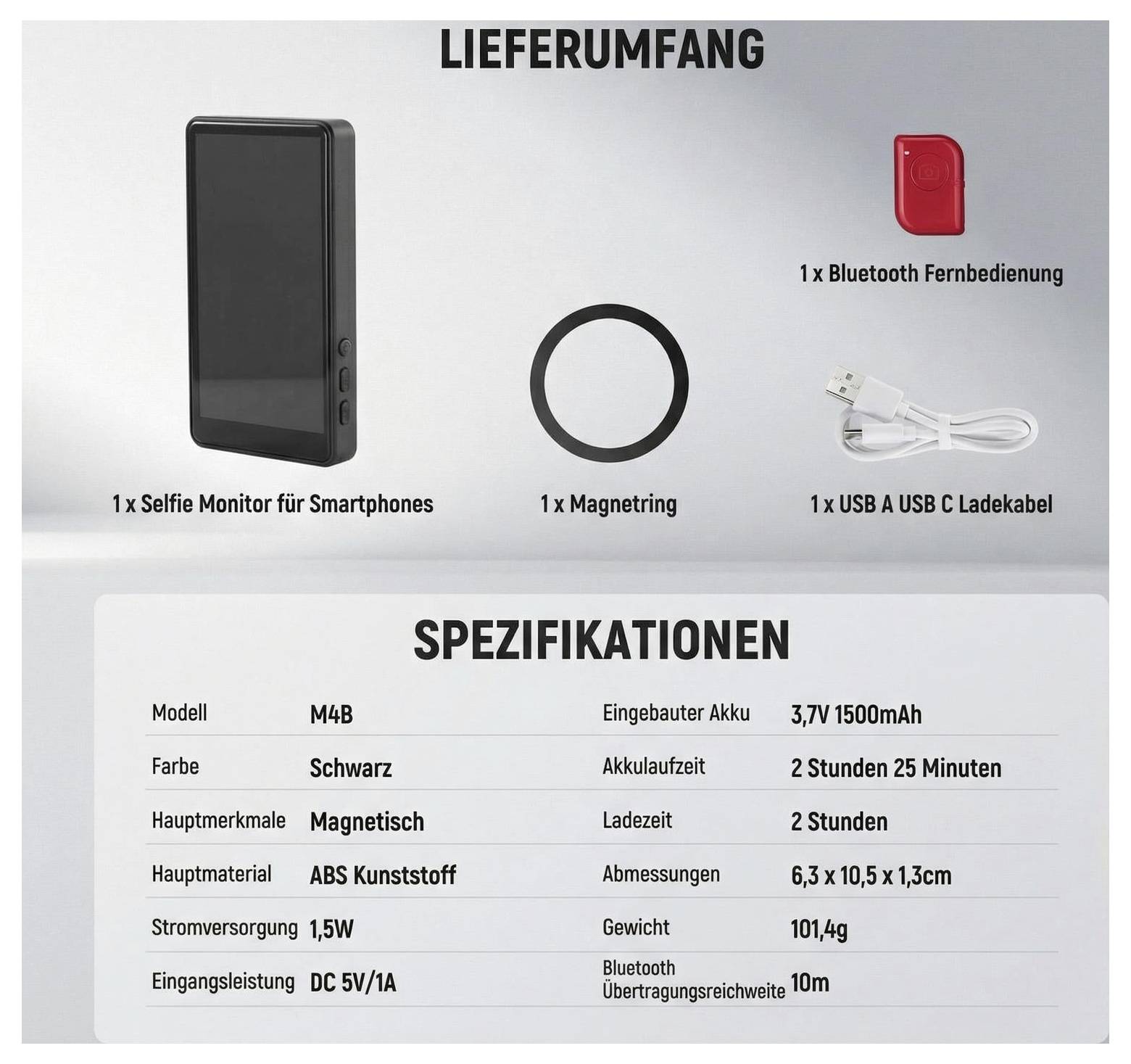 Produktpaketinhalt und Spezifikationen für einen Smartphone-Selfie-Monitor: Monitor, Magnetring, Bluetooth-Fernbedienung, USB-Kabel; 3,7V 1500mAh Akku, 2,5h Laufzeit, 10m Reichweite.