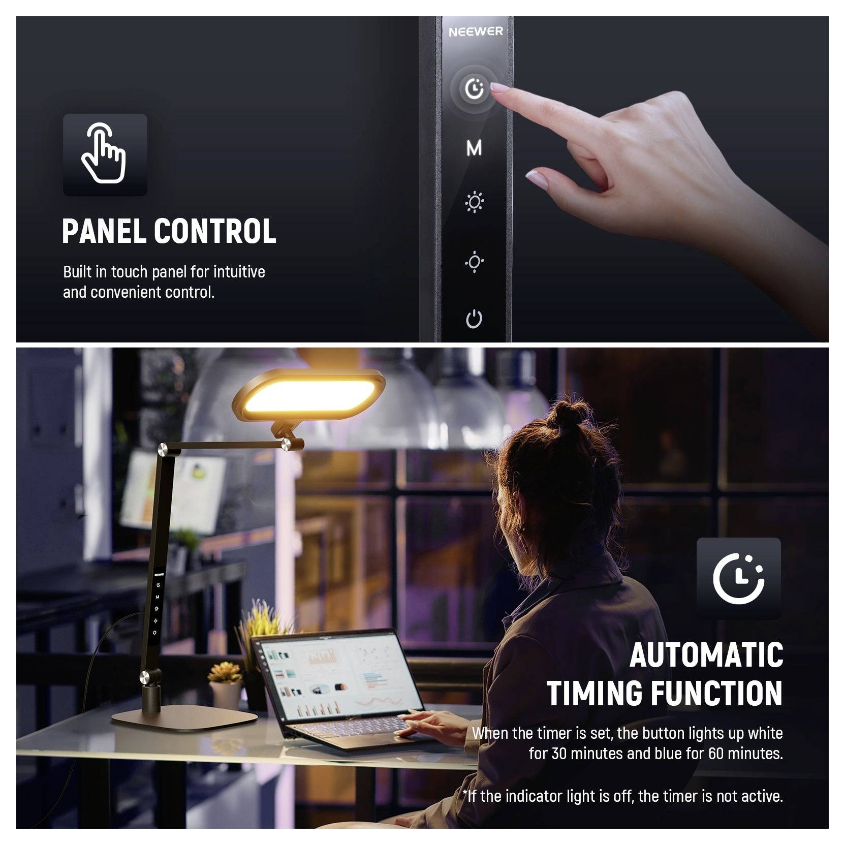 Touch-Bedienfeld für Lampe, das mit einer Hand zeigt, die den Knopf drückt; darunter erklären eine Schreibtischlampen- und Laptop-Illustration die automatische Zeitfunktion mit 30- und 60-Minuten-Einstellungen.