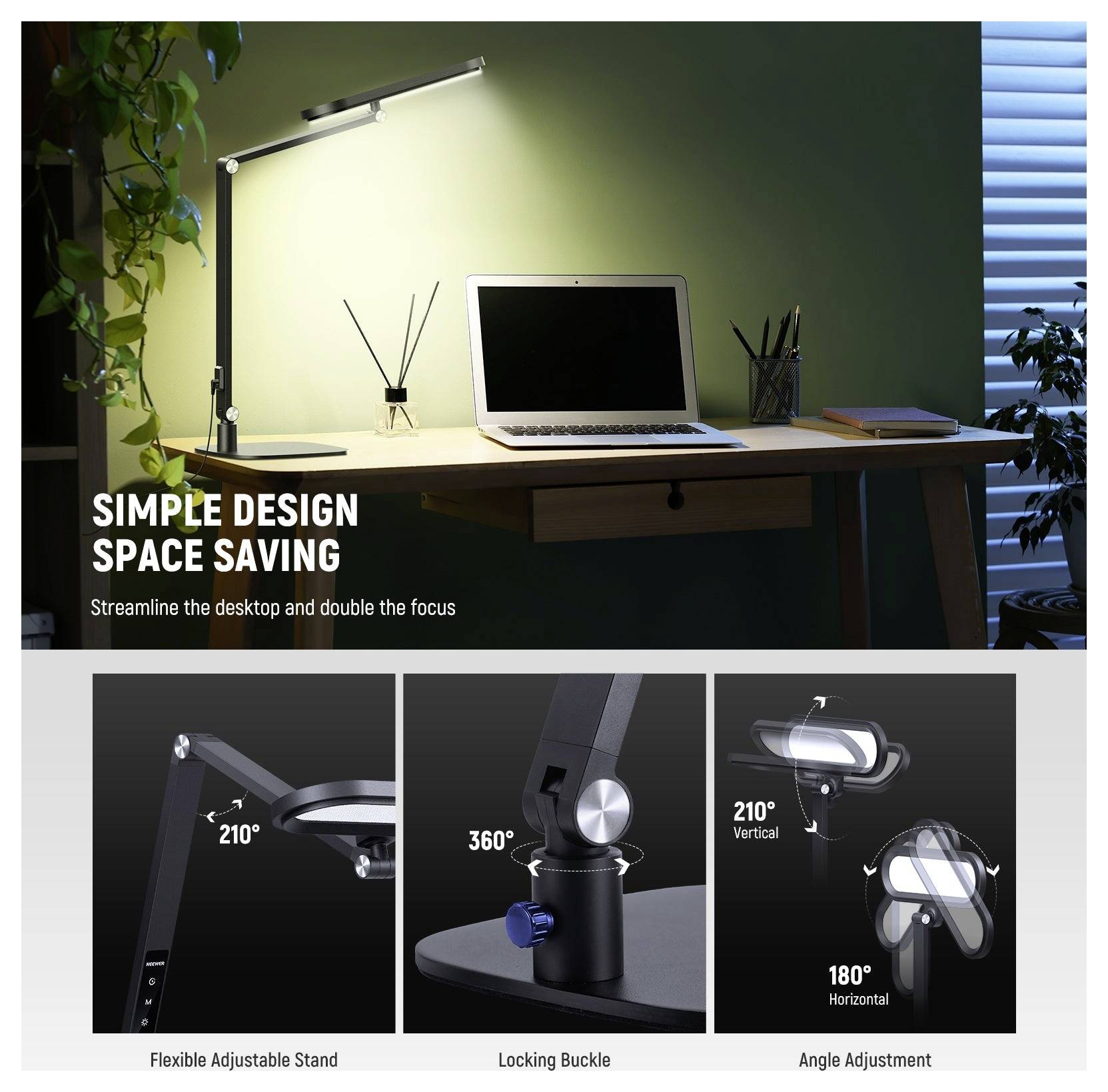 Werbebild einer minimalistischen Schreibtischleuchte mit Laptop auf einem platzsparenden Schreibtisch, plus drei Funktionspaneele, die einen 210°-Ständer mit flexibler Beweglichkeit, eine Verschlussspange und 360°/180°-Winkelverstellung zeigen.