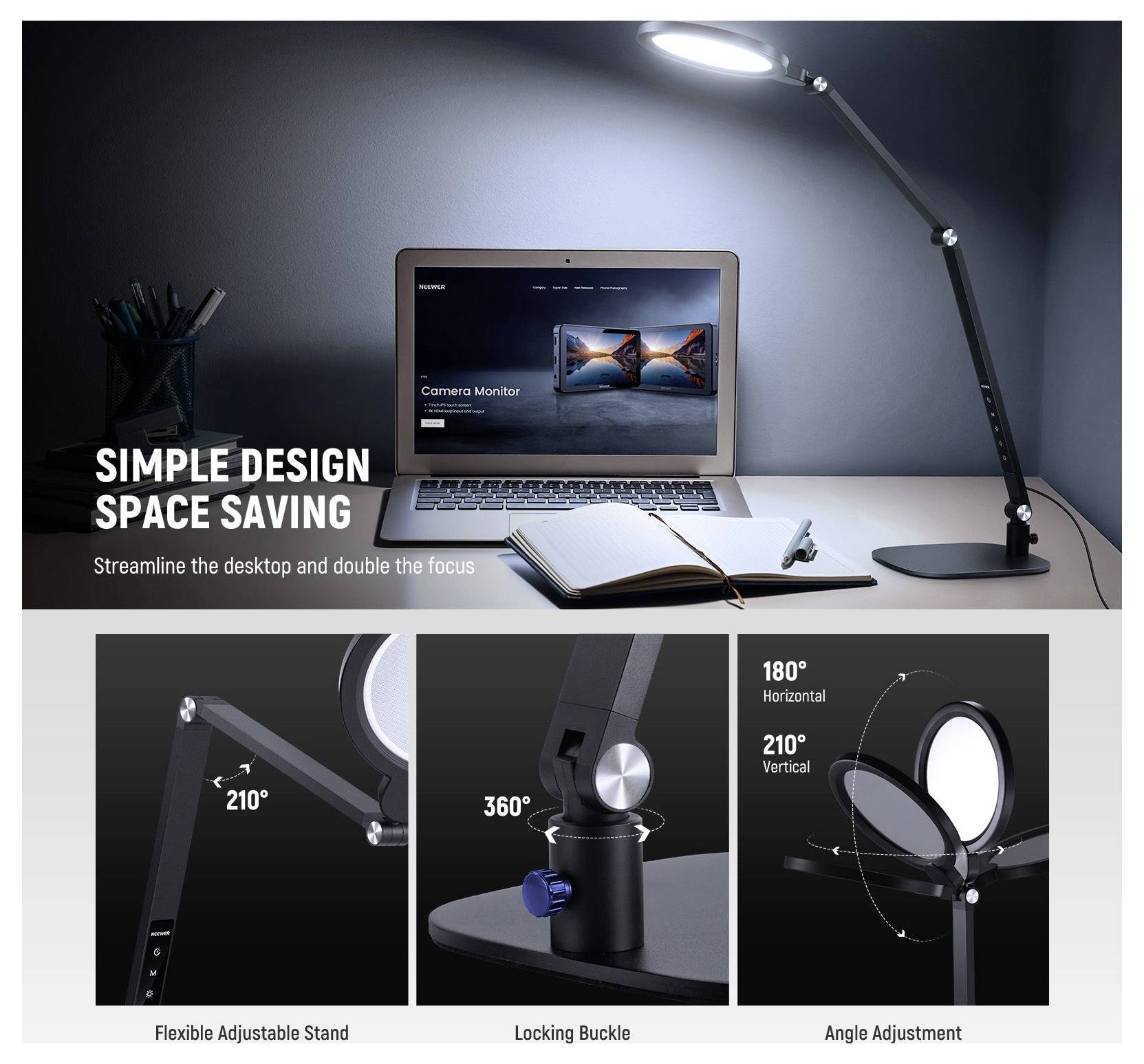 Marketingbild einer flexiblen Schreibtischleuchte/Monitorleuchte auf einem Laptop-Schreibtisch mit Text „EINFACHES DESIGN PLATZSPAREND