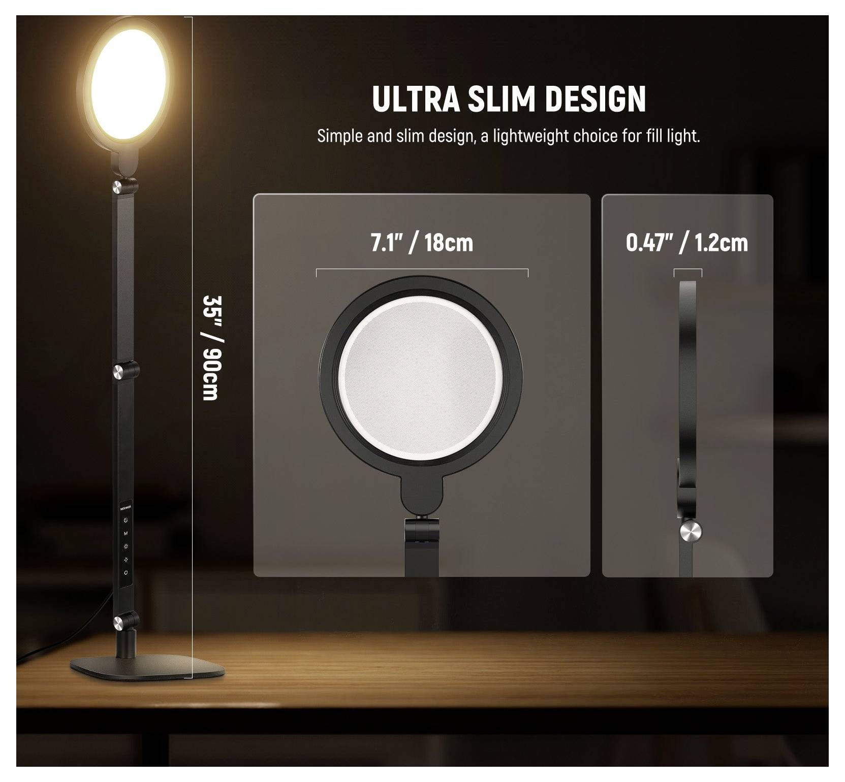 Produktbild einer schlanken LED-Ringlampe auf einem Ständer, mit der Bezeichnung „ULTRA SLIM DESIGN