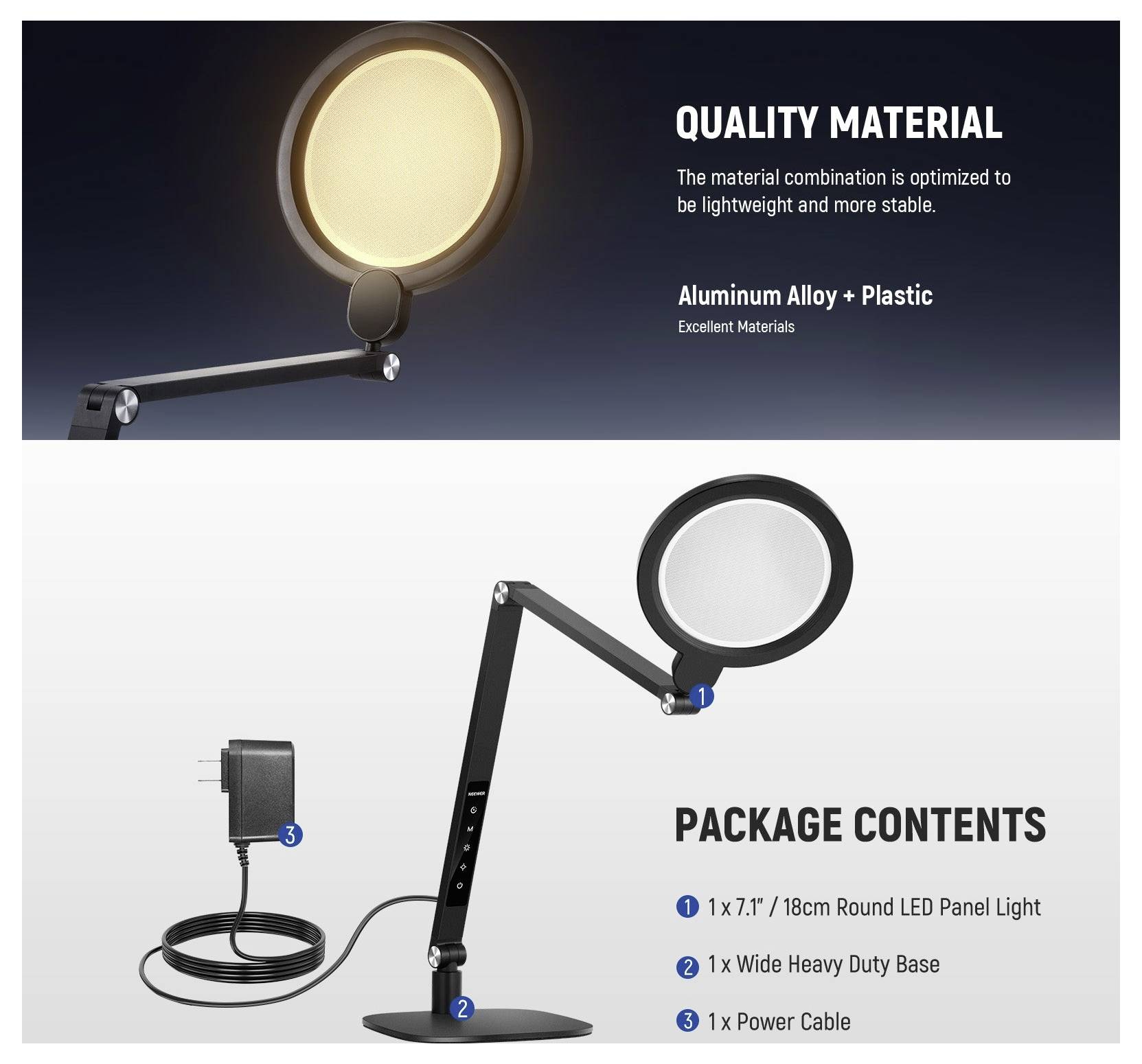 Produktgrafik mit einem runden LED-Panellicht und Ständer, beschriftet mit „Qualitätsmaterial