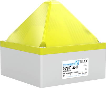 Gelbe pyramidenförmige industrielle Warnleuchte auf grauer Basis mit einem Produktetikett, das 