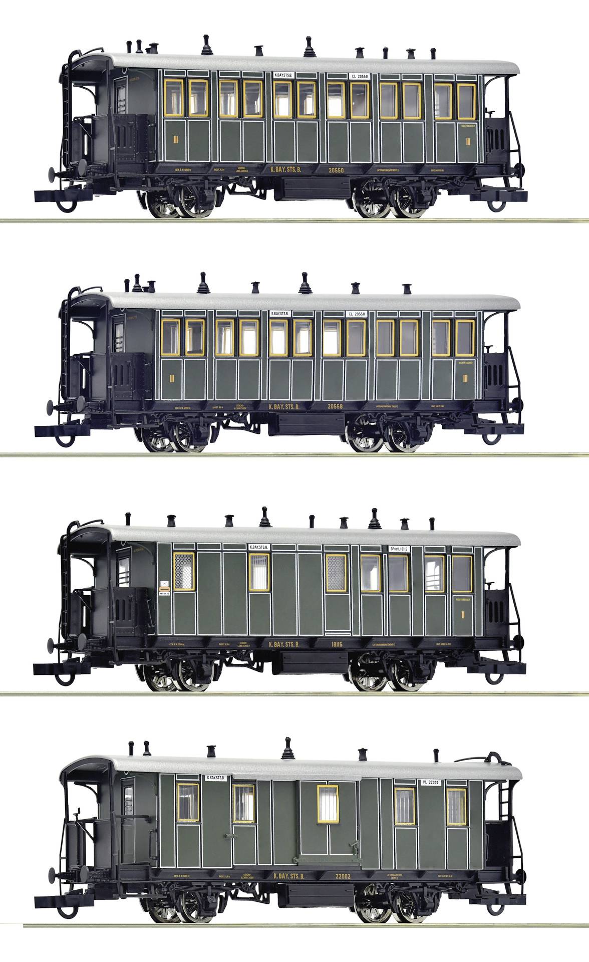Vier Seitenansicht-Illustrationen eines vintage grünen Eisenbahn-Personenwagens, die unterschiedliche Fenster- und Türkonfigurationen zeigen.