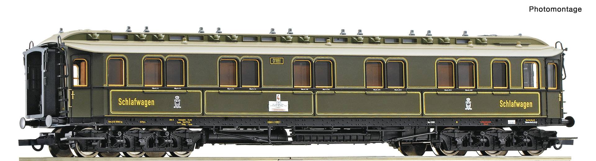 Seitenansicht eines Vintage-Eisenbahn-Schlafwagens in dunklem Grün und Schwarz mit der Aufschrift „Schlafwagen