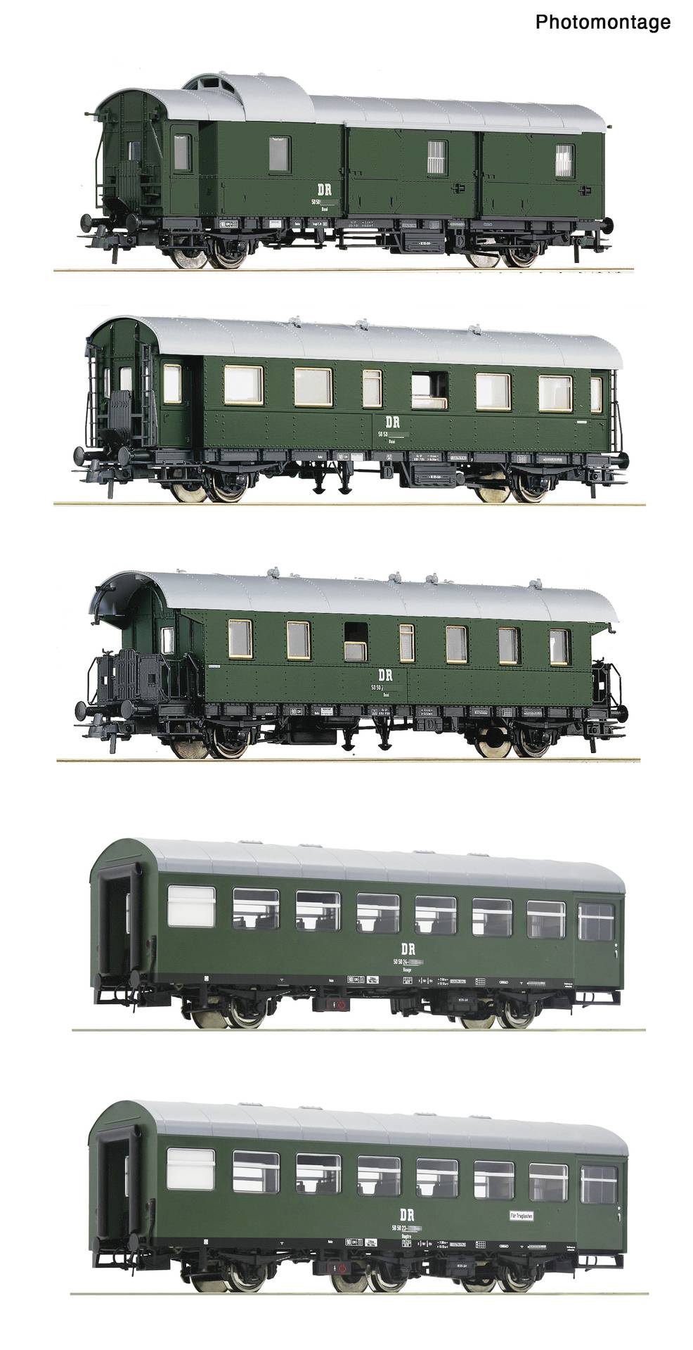 Fotomontage von fünf grünen Vintage-Personenzugwagen, jeweils in Seitenansicht gezeigt, mit grauem Dach und unterschiedlichen Fenster- und Türanordnungen.