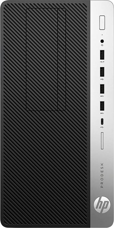 Frontansicht eines HP ProDesk-Desktop-Towers mit strukturiertem schwarzem Gehäuse und silbernem Seitenpanel, auf dem Stromschalter, USB-Anschlüsse und HP-Logo sichtbar sind.