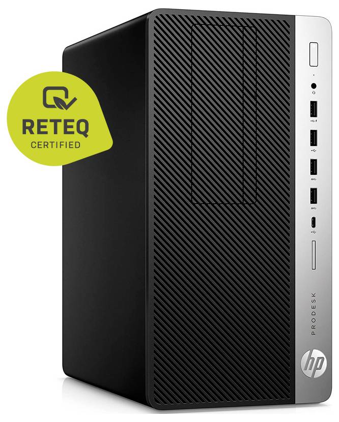 HP ProDesk Desktop-Tower in Vorder- und Seitenansicht mit REQ-zertifiziertem Abzeichen