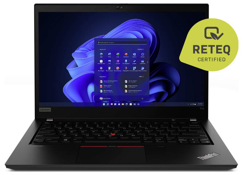 Schwarzer Lenovo ThinkPad-Laptop, geöffnet mit angezeigtem Windows 11-Desktop, frontal dargestellt mit dem Abzeichen „RETEQ CERTIFIED