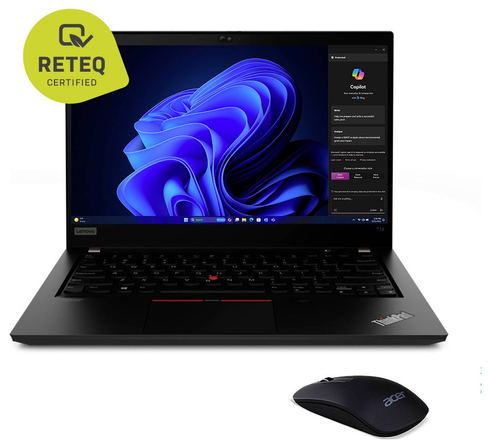 Lenovo ThinkPad Laptop mit Windows 11 und Microsoft Copilot geöffnet, plus eine kabellose Acer-Maus; „RETEQ CERTIFIED