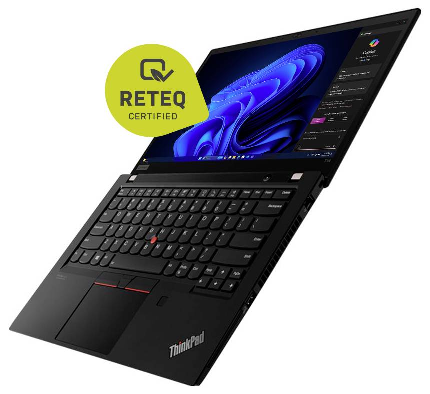 Schwarzer Lenovo ThinkPad Laptop, in einem Winkel aufgeklappt, zeigt Windows-Desktop mit einem 