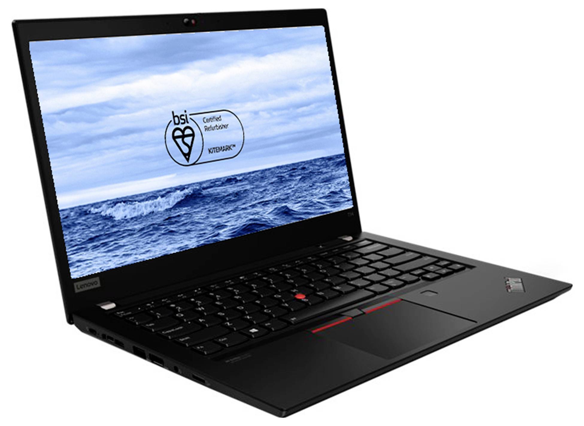 Schwarzer Lenovo ThinkPad Laptop, der in einem Winkel geöffnet ist und einen blauen Ozean-Hintergrundbild mit einem kleinen 