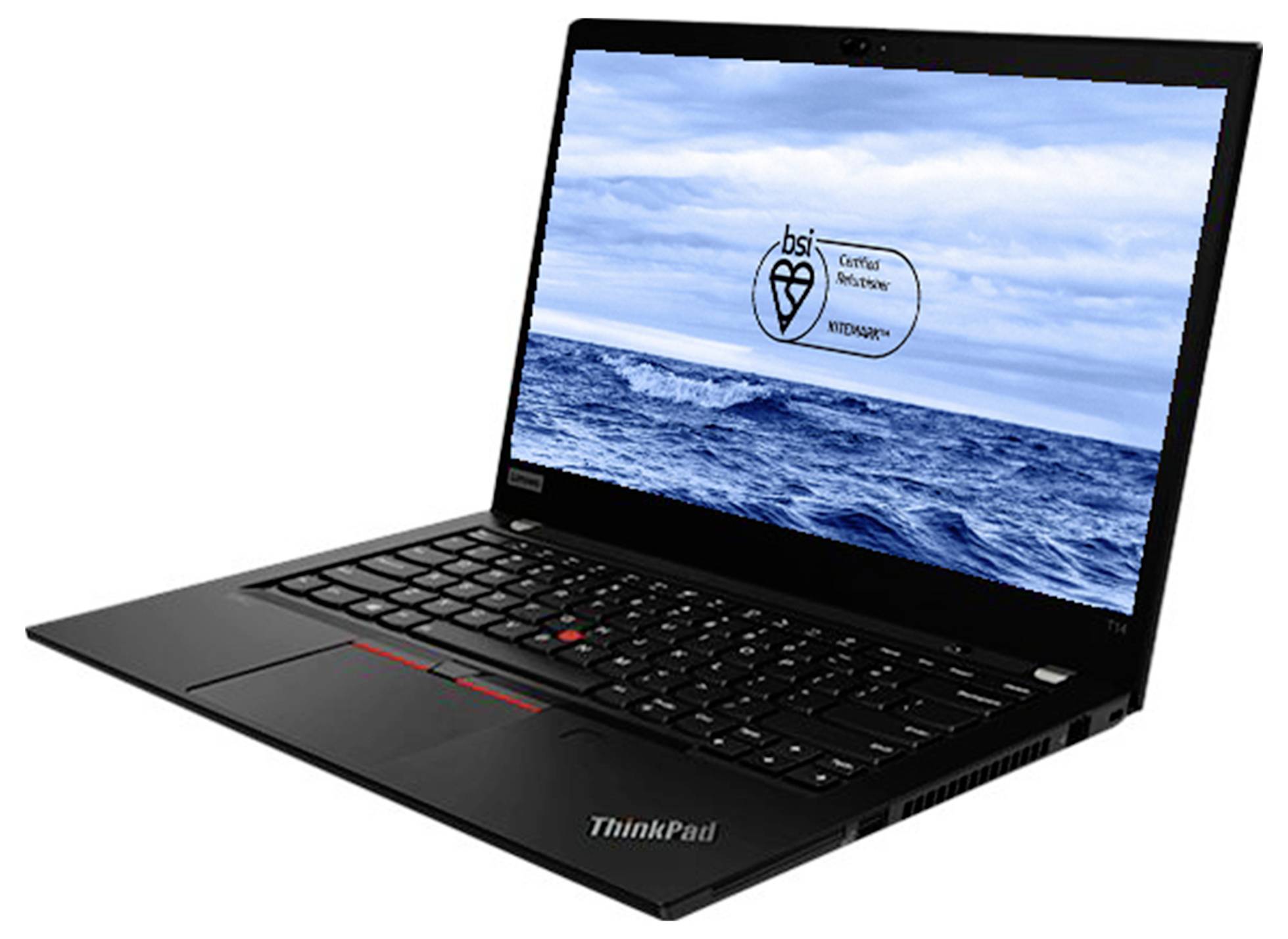 Schwarzer Lenovo ThinkPad-Laptop in einem Winkel geöffnet, zeigt ein Ocean-Hintergrundbild mit einem 