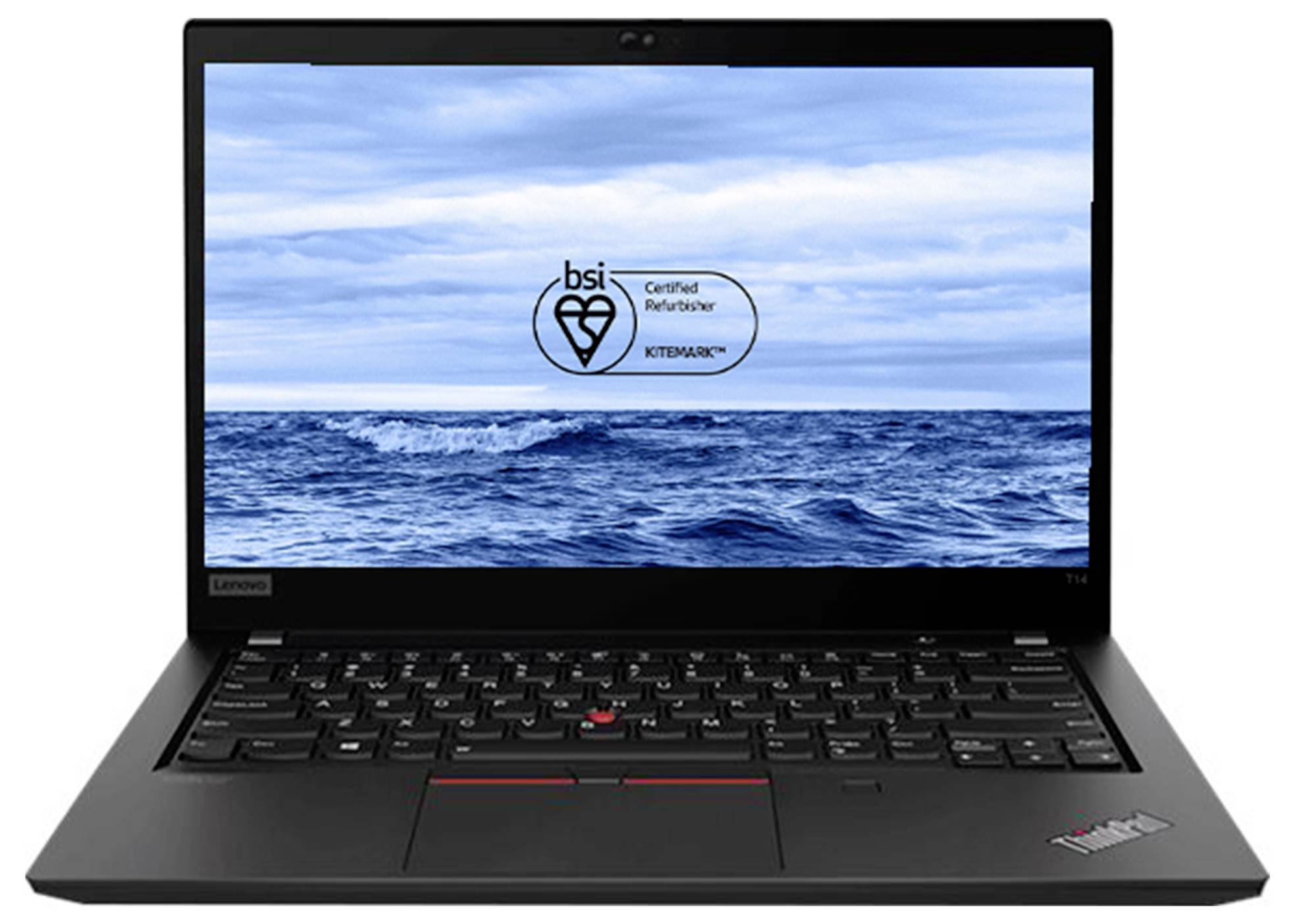 Schwarzer Lenovo ThinkPad-Laptop mit Ozean-Hintergrundbild auf dem Bildschirm und zentriertem 