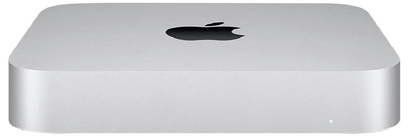 Silber-farbener Apple Mac mini Desktop-Computer von oben fotografiert, mit schwarzem Apple-Logo zentriert auf der Oberseite.