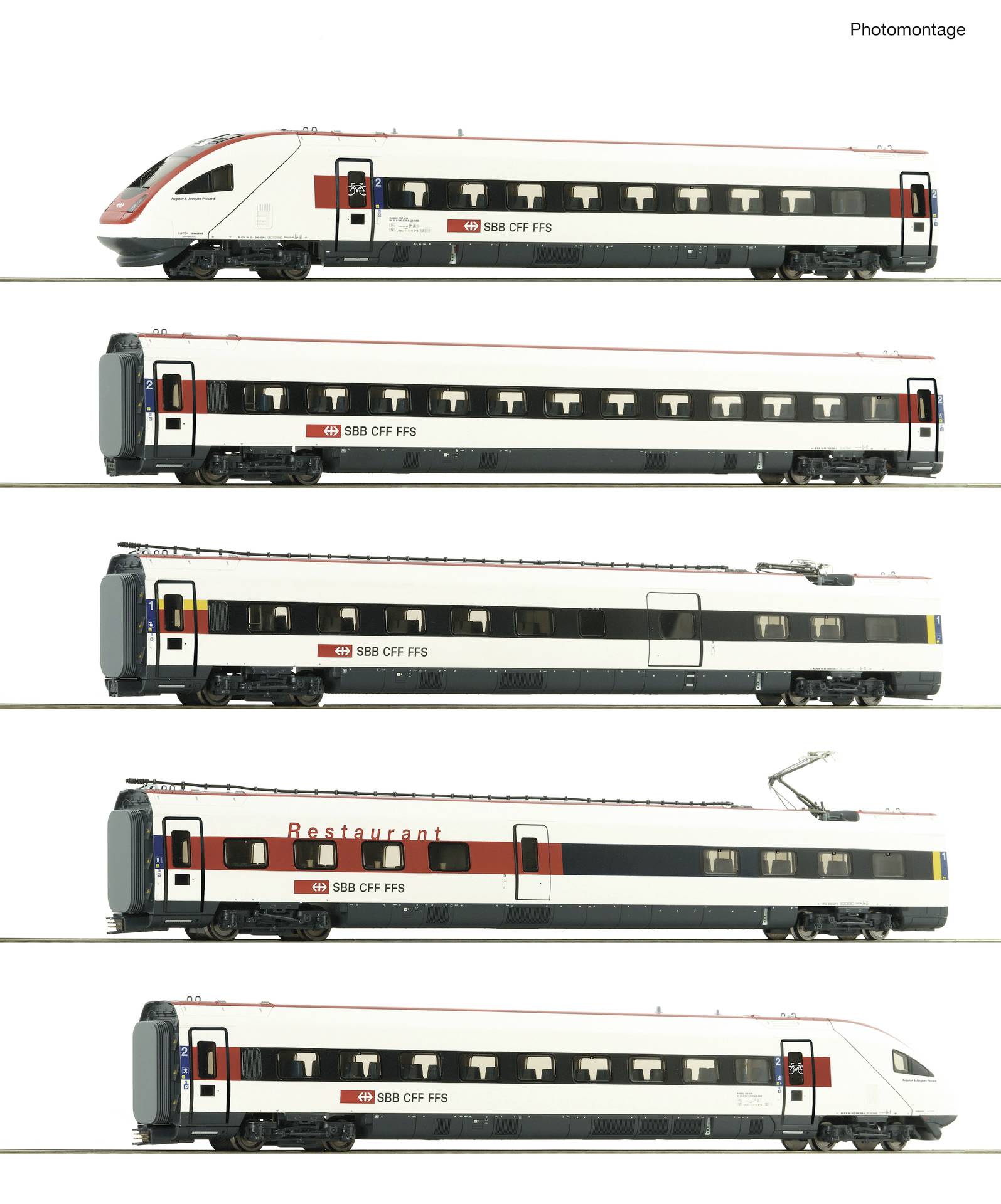 Fotomontage von fünf Seitenansichten eines SBB CFF FFS Personenzugs mit verschiedenen Wagenkonfigurationen und Endsektionen, einschließlich eines Wagens mit Stromabnehmer und eines Wagens mit Führerstand.
