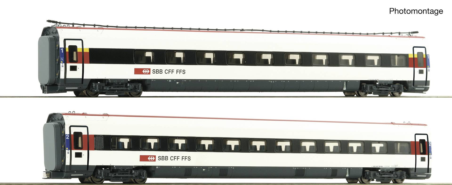 Fotomontage, die zwei Seitenschritte-Ansichten von Schweizer Eisenbahnwagen vergleicht, jeweils mit weißem Körper, schwarzem Fensterband und SBB CFF FFS-Logo, zeigt leichte Designunterschiede.