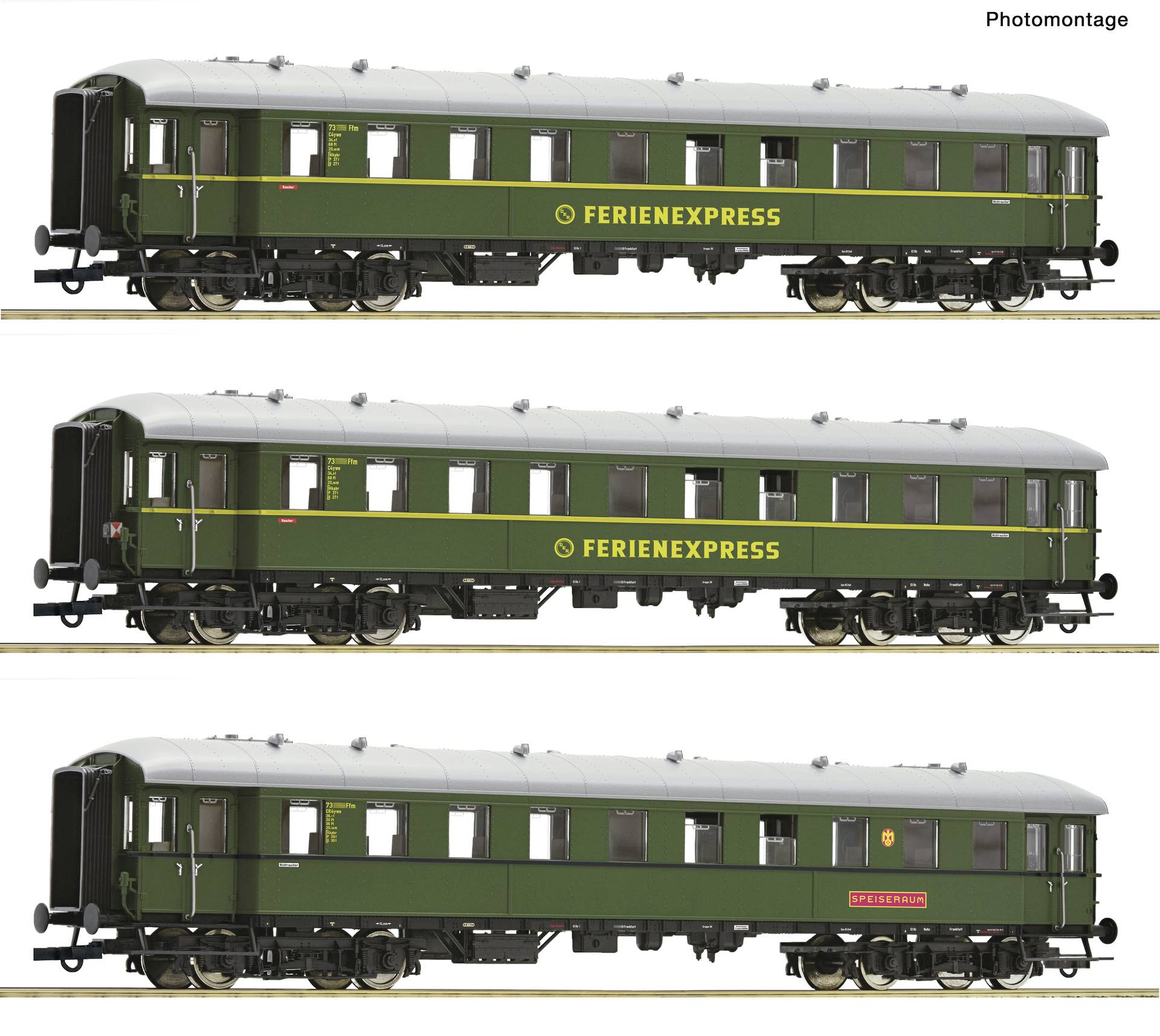 Drei Seitenansichten grüner Vintage-Eisenbahn-Personenwagen mit der Aufschrift „FERIENEXPRESS