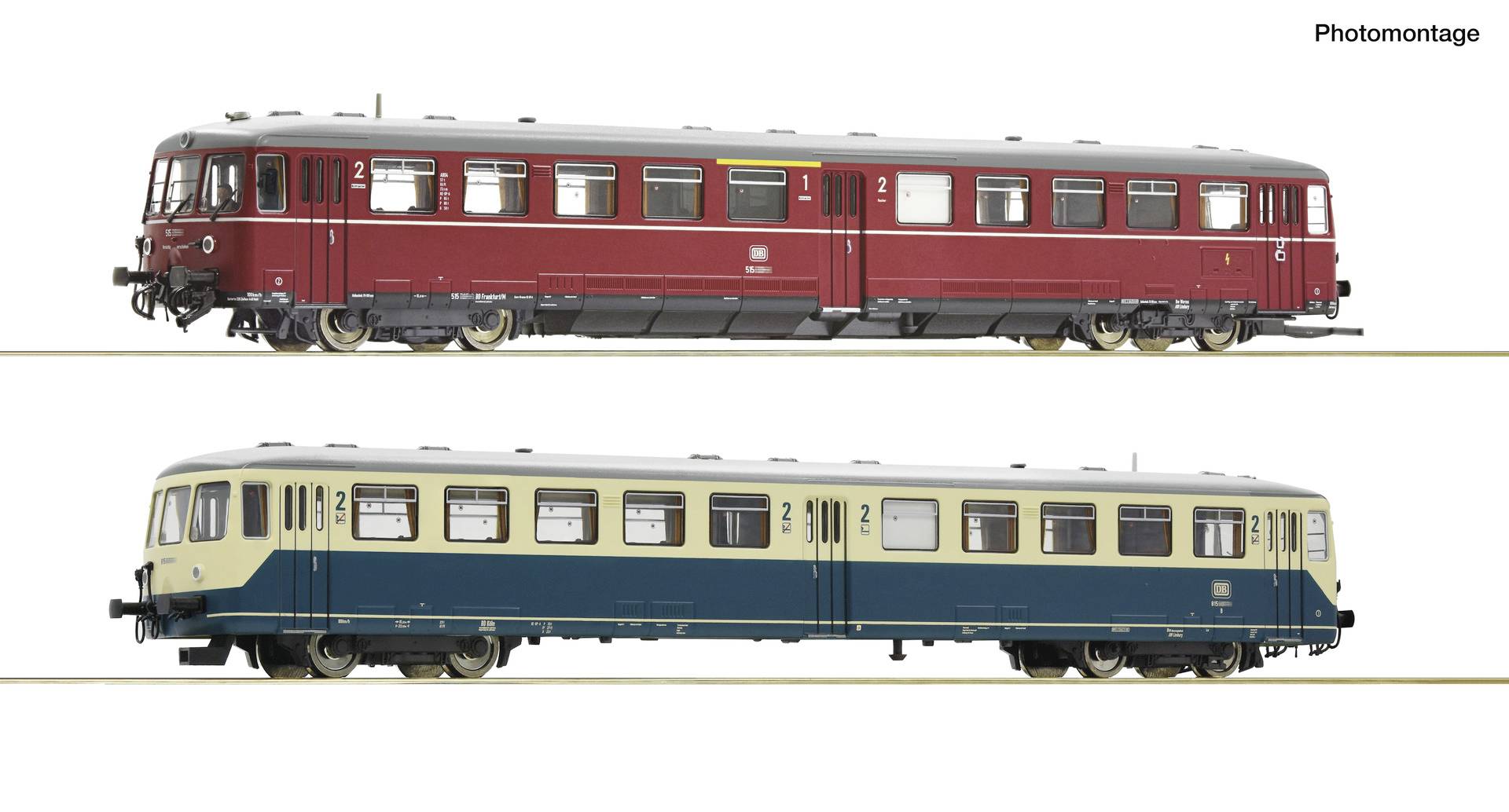 Fotomontage von zwei vintage Eisenbahnwagen auf weißem Hintergrund: ein roter Wagen oben und ein creme-blauer Wagen unten, beide in Seitenansicht dargestellt.