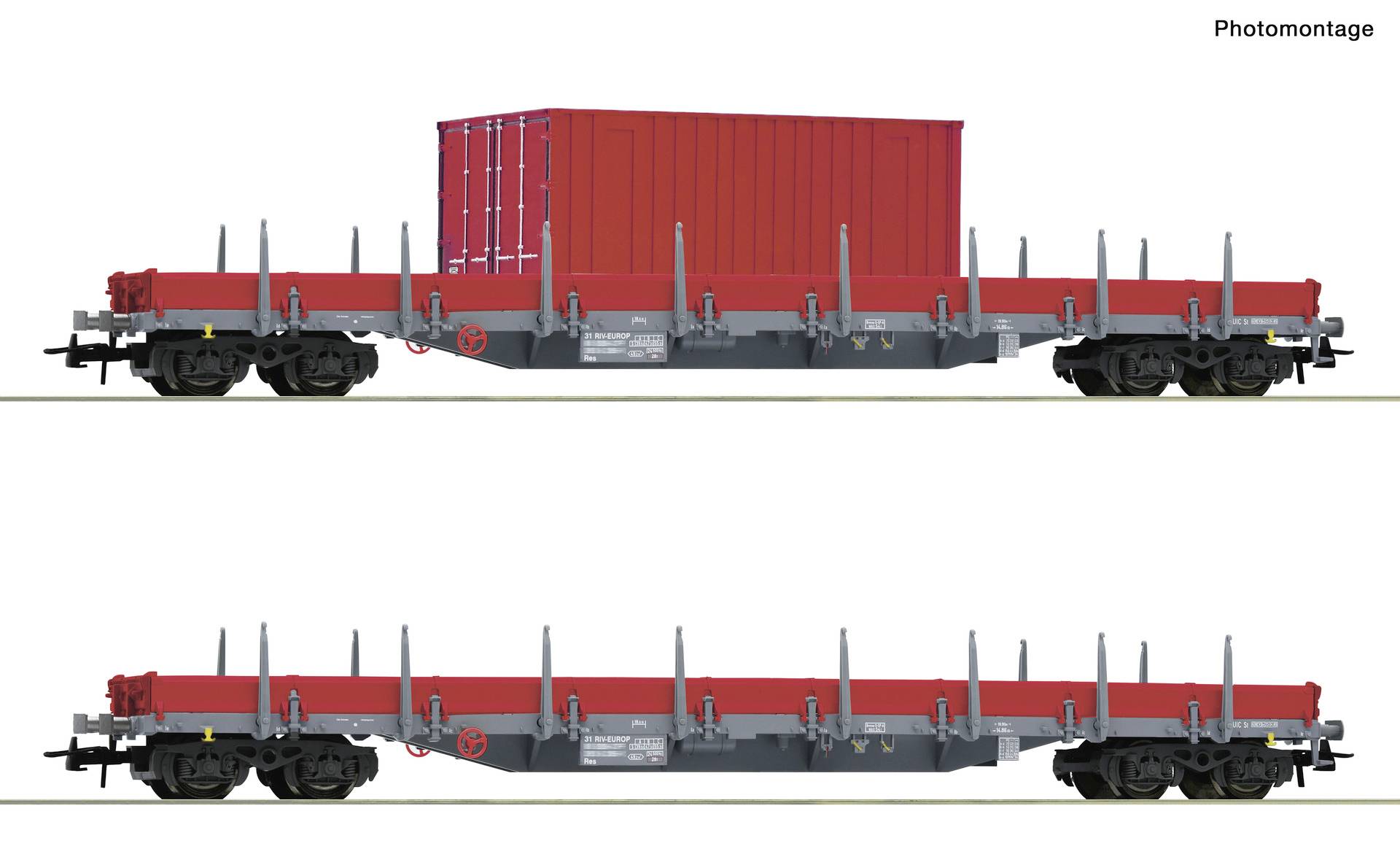 Zwei Seitenansichten von Eisenbahnwagen auf weißem Hintergrund: oben ein roter Container auf einem Flachwagen, unten ein leerer Flachwagen mit Staketen.