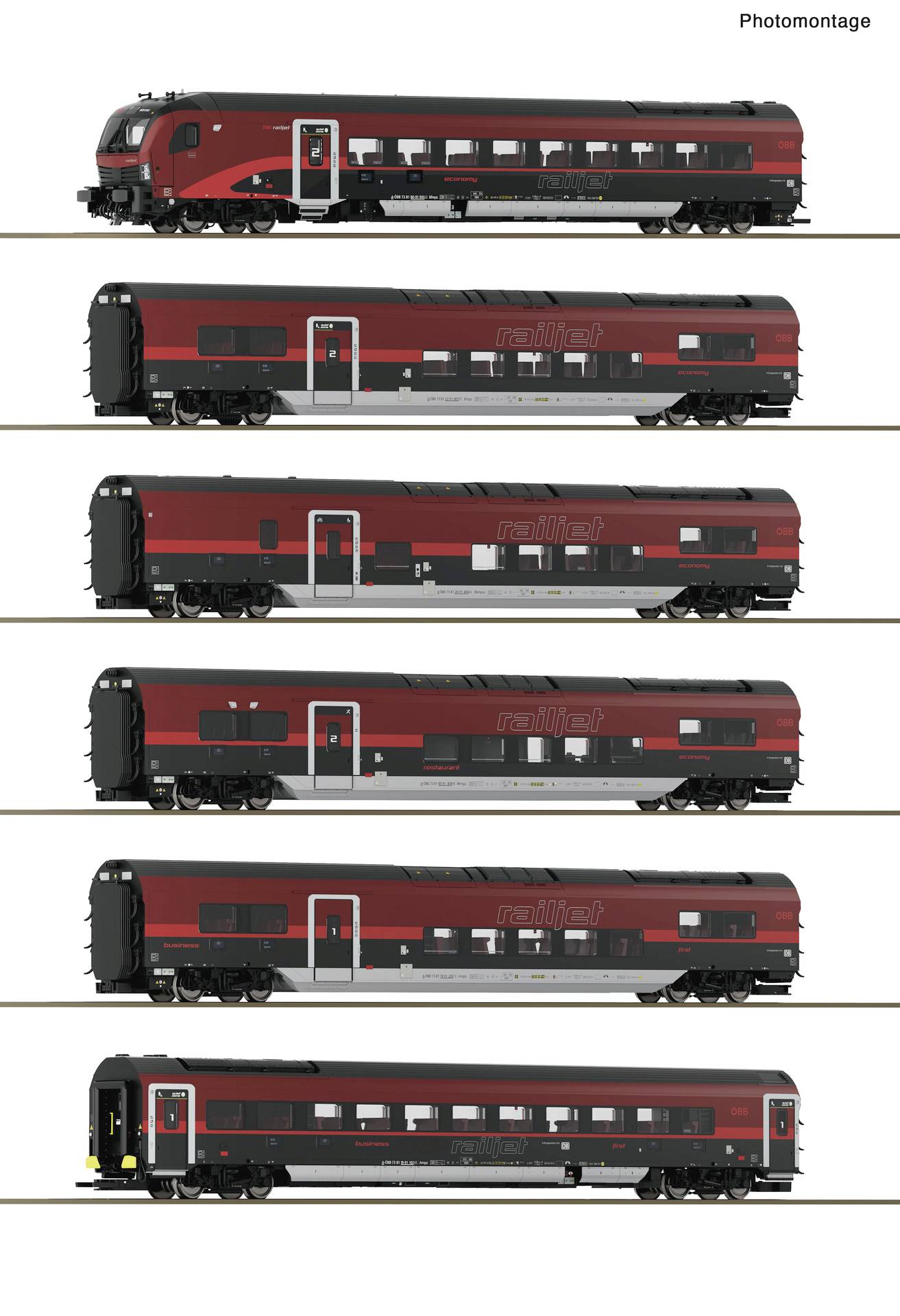 Fotomontage von sechs Seitenansichten rot-schwarzer Fahrgastzüge, die jeweils eine unterschiedliche Variante des Außendesigns zeigen.