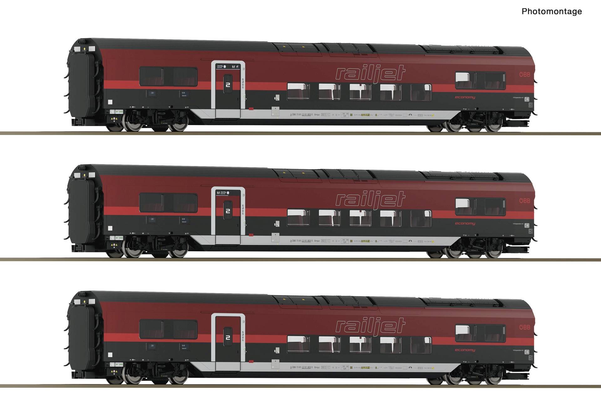 Fotomontage von drei Seitenansichten von Güterzügen in rot, schwarz und grauer Lackierung, jeweils mit „railjet